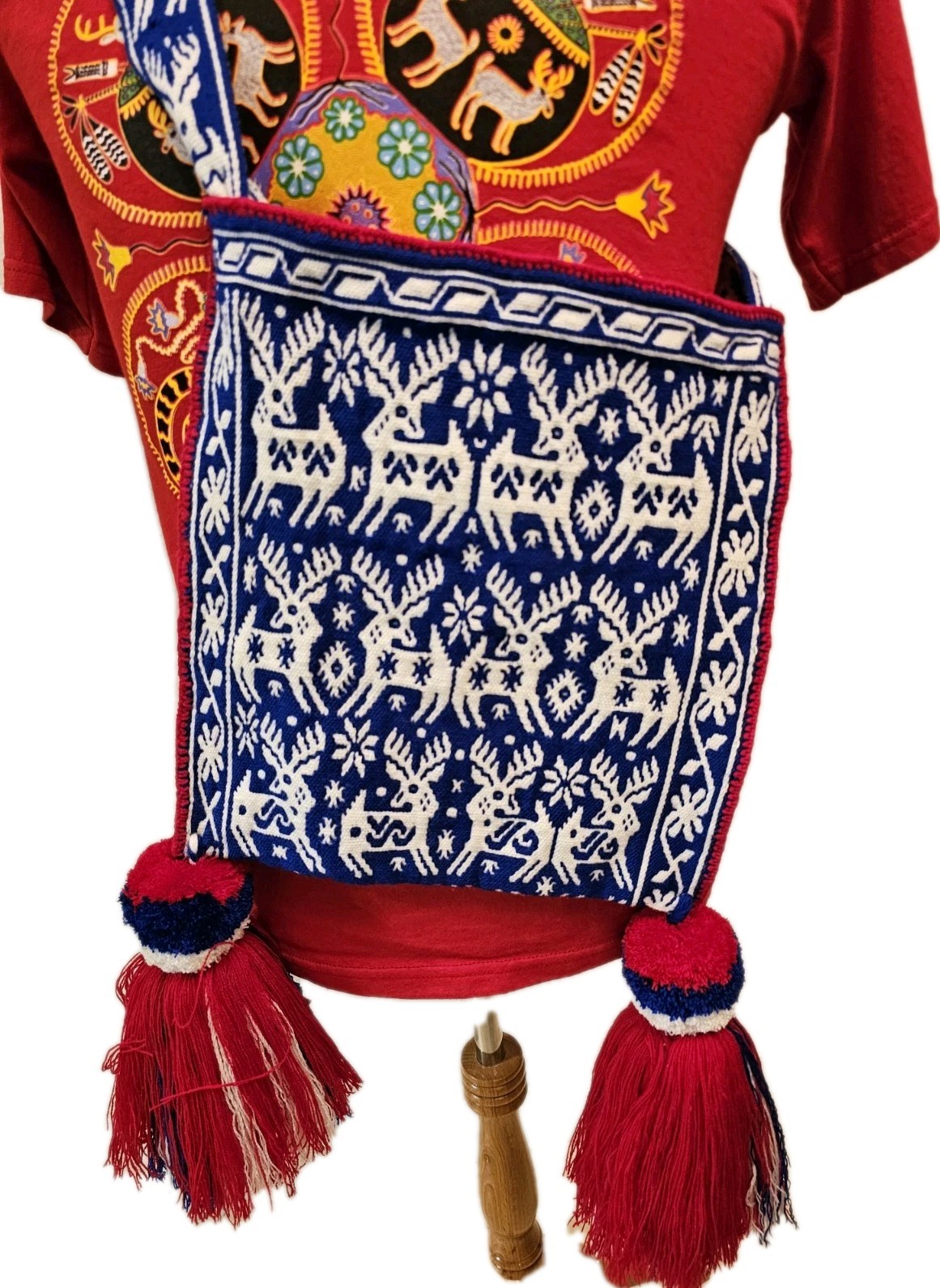 RARE Blue White Red Traditional Huichol Textile Woven Bag - Kayumari Blue Deer