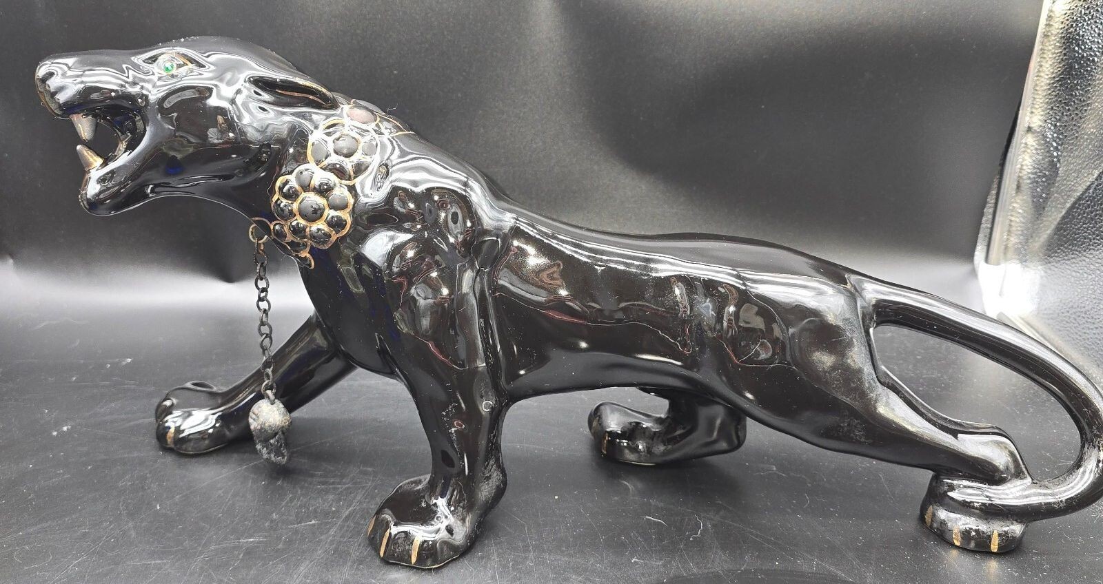 Vtg MCM Black Panther Statue Ceramic Gold Collar Green Jewel Eye TV Lamp 19” USA Vtg MCM Black Panther Statue Ceramic Gold Collar Green Jewel Eye TV Lamp 19” USA