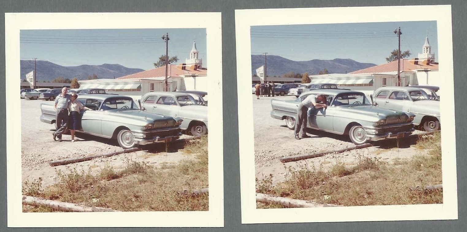 Lot of 2 VTG 1960s Photos OLDER COUPLE POSING WITH THEIR BLUE CAR IN PARKING LOT