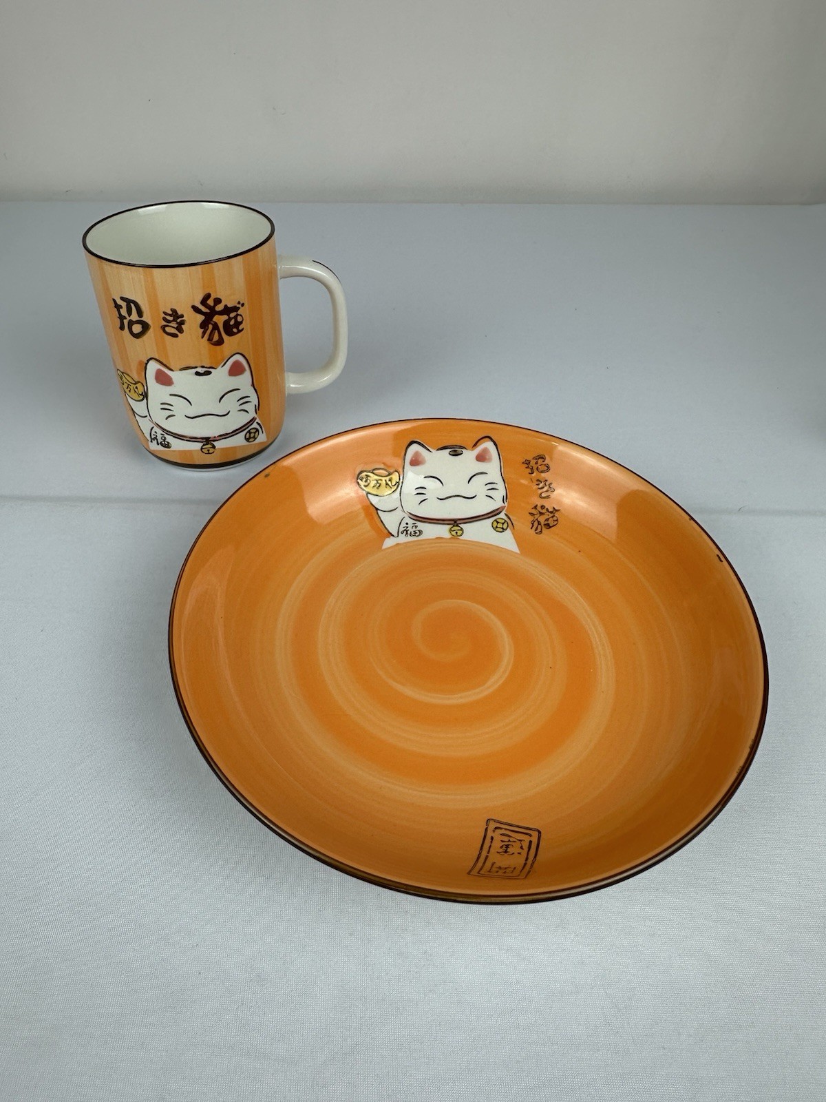 QiZhen Hand Painted Lucky Cat Maneki Neko Mug & 8” Plate Set Orange Ceramic