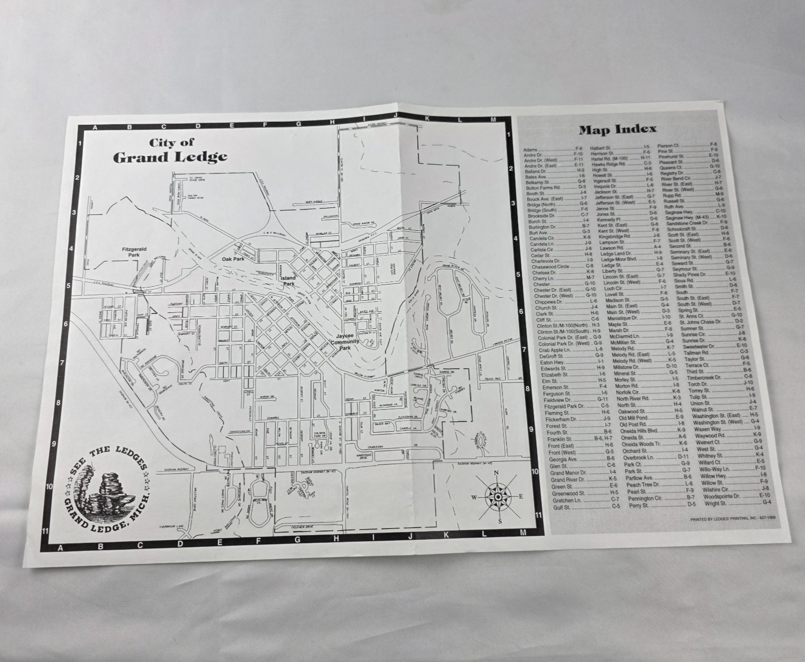 Vintage Grand Ledge Michigan Street Map Black & White One-Sided