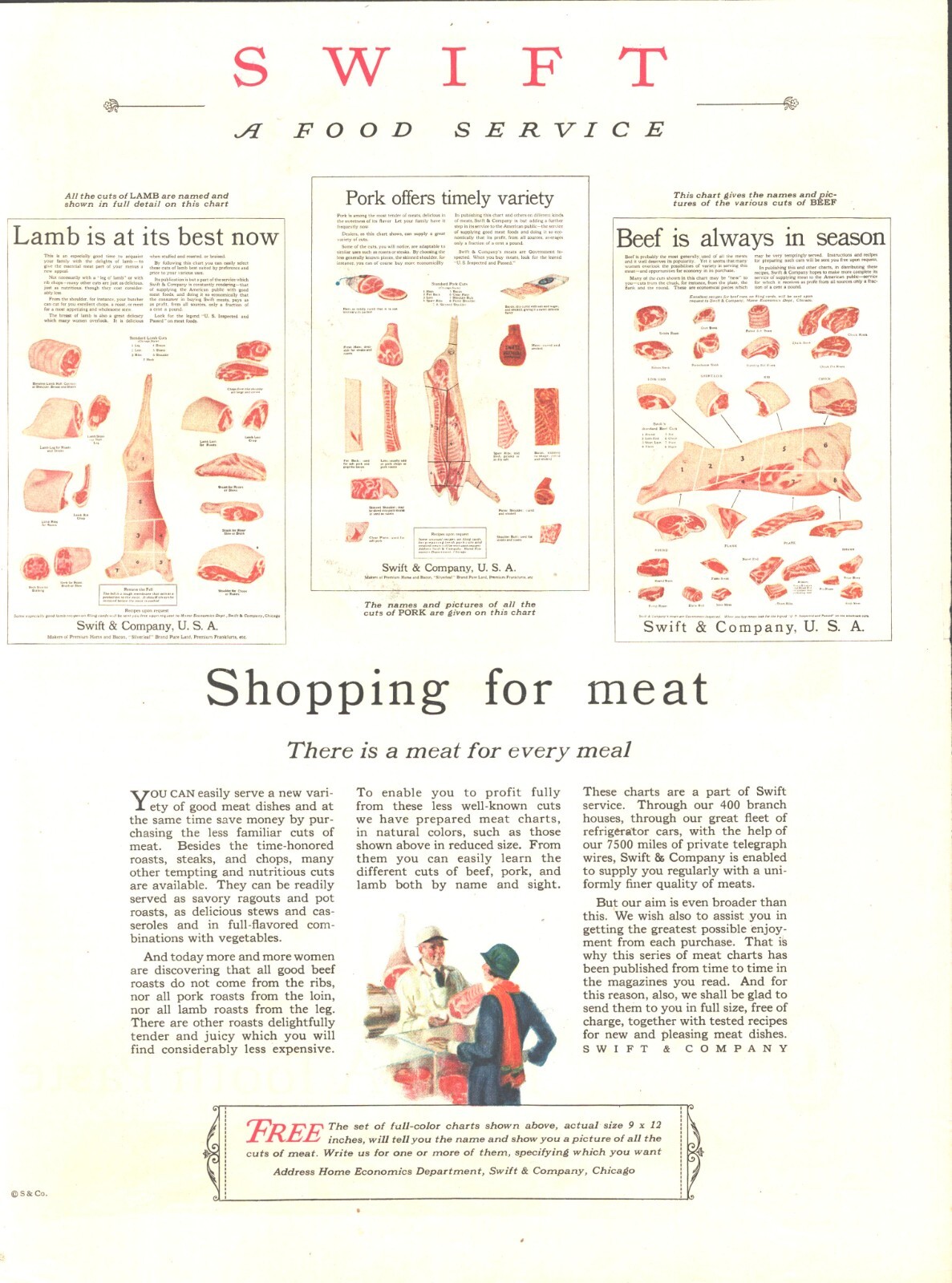 1926 Swift Food Service Vintage Print Ad Shopping For Meats Housewife Butcher