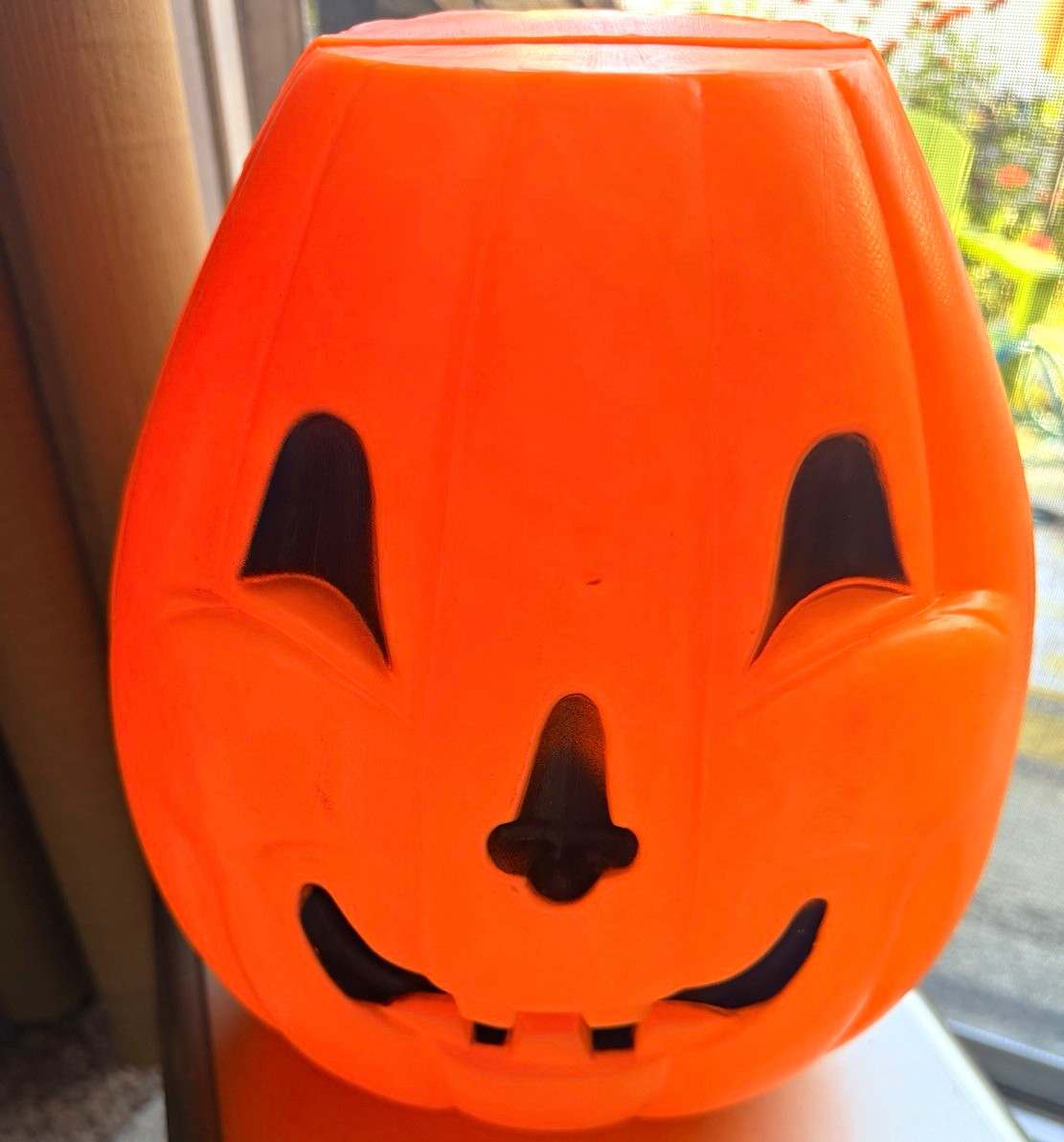 Vtg 1960s Flat Top Jack O Lantern Blow Mold Light Up Pumpkin Halloween Decor 13\