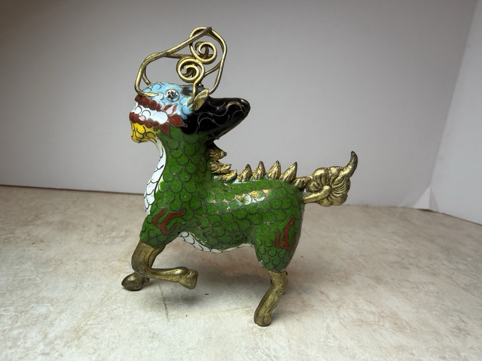Vintage Chinese Cloisonne Qilin Foo Dog Figurine Enamel Brass Kirin Guardian 3\