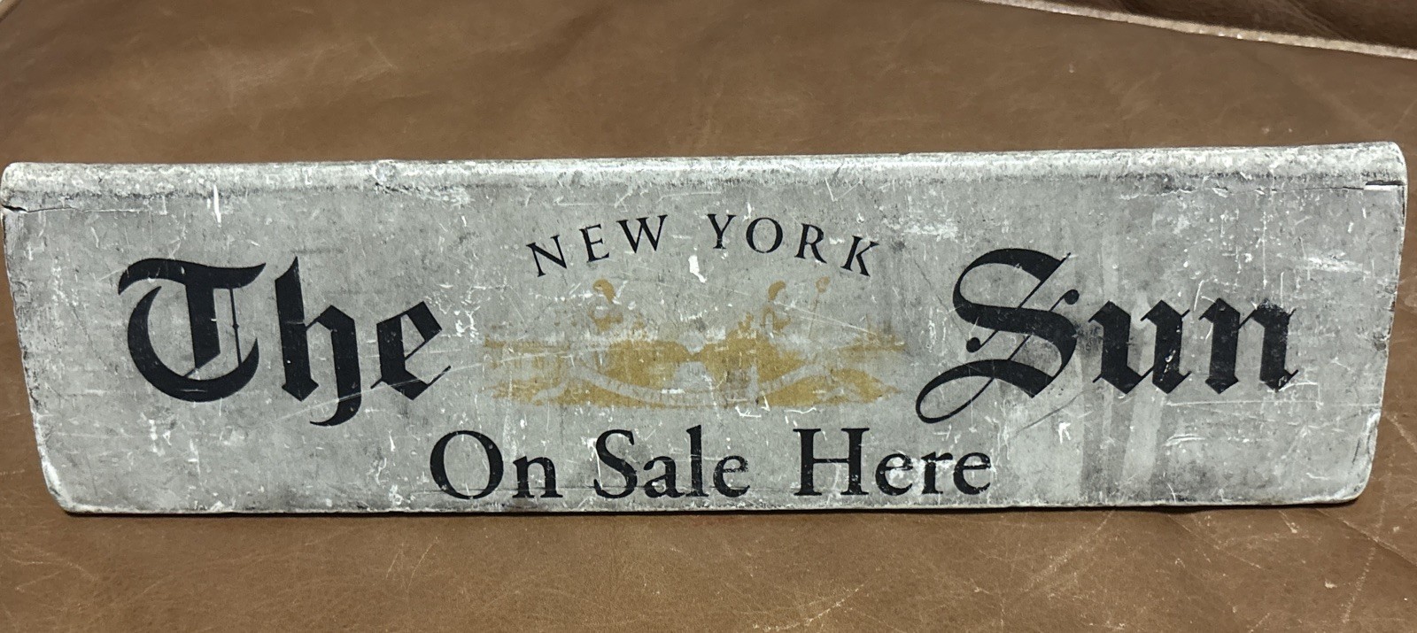 Antique 'The New York Sun' Newspaper Weight Wooden 3-Sided Sign Yellow & Black
