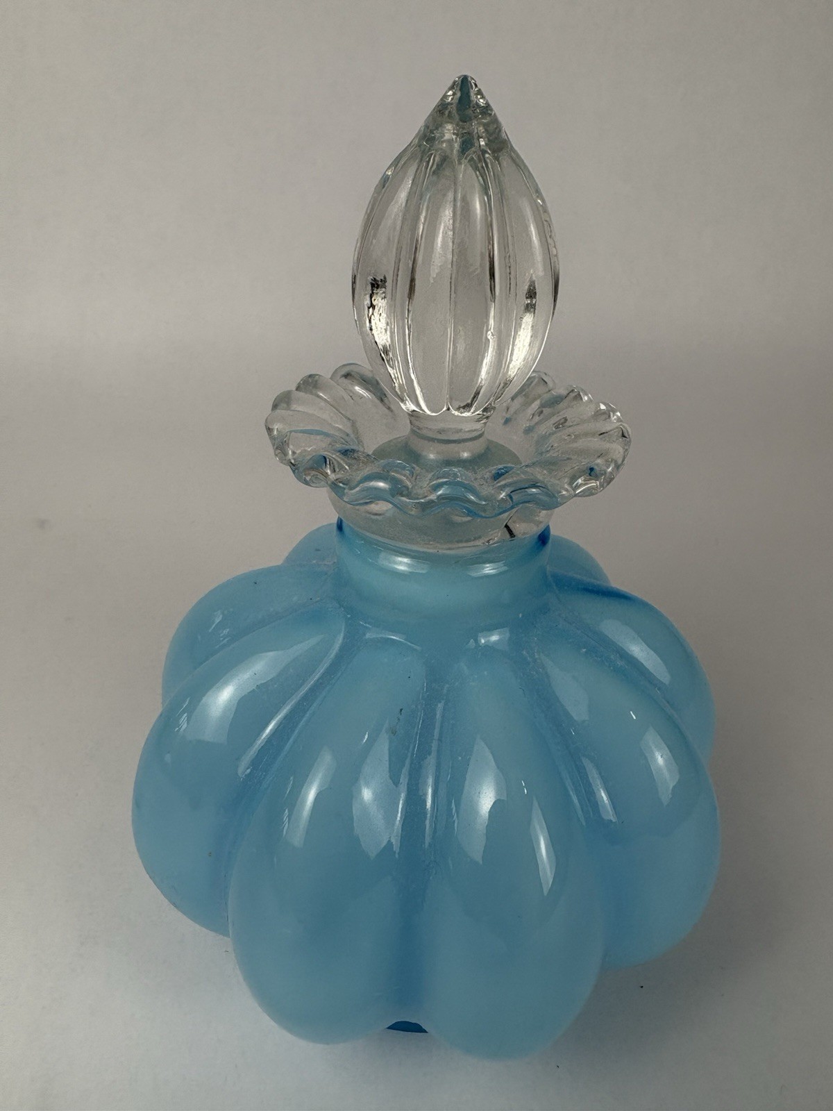 Vintage Fenton Blue Melon Overlay Art Glass  Powder Blue Perfume Bottle
