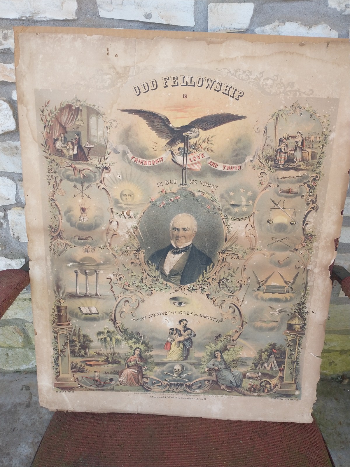 Antique 1866 Strobridge Odd Fellowship Lithograph