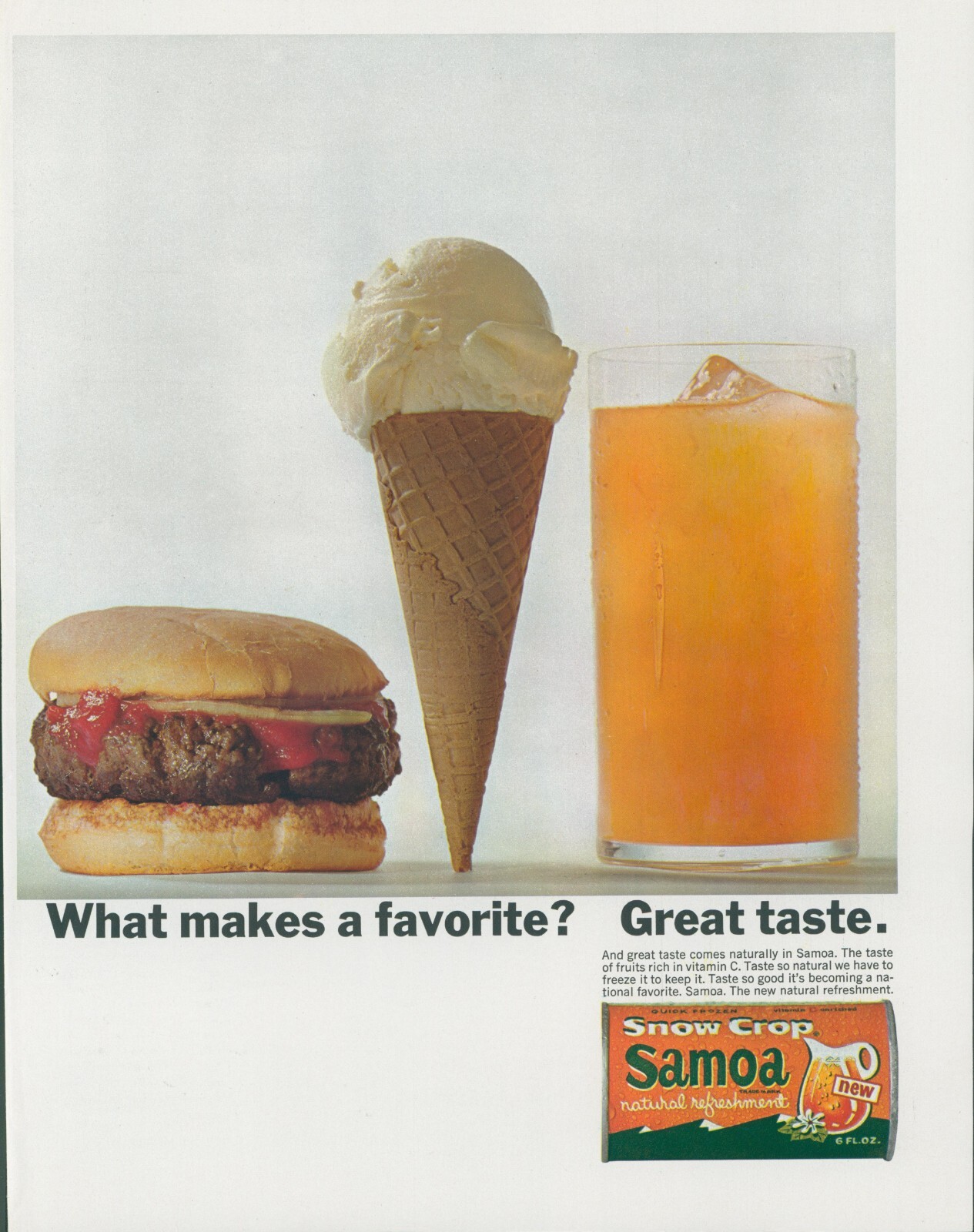 1964 Snow Crop Orange Samoa Frozen Ice Cream Cone Burger Vintage Print Ad LO4