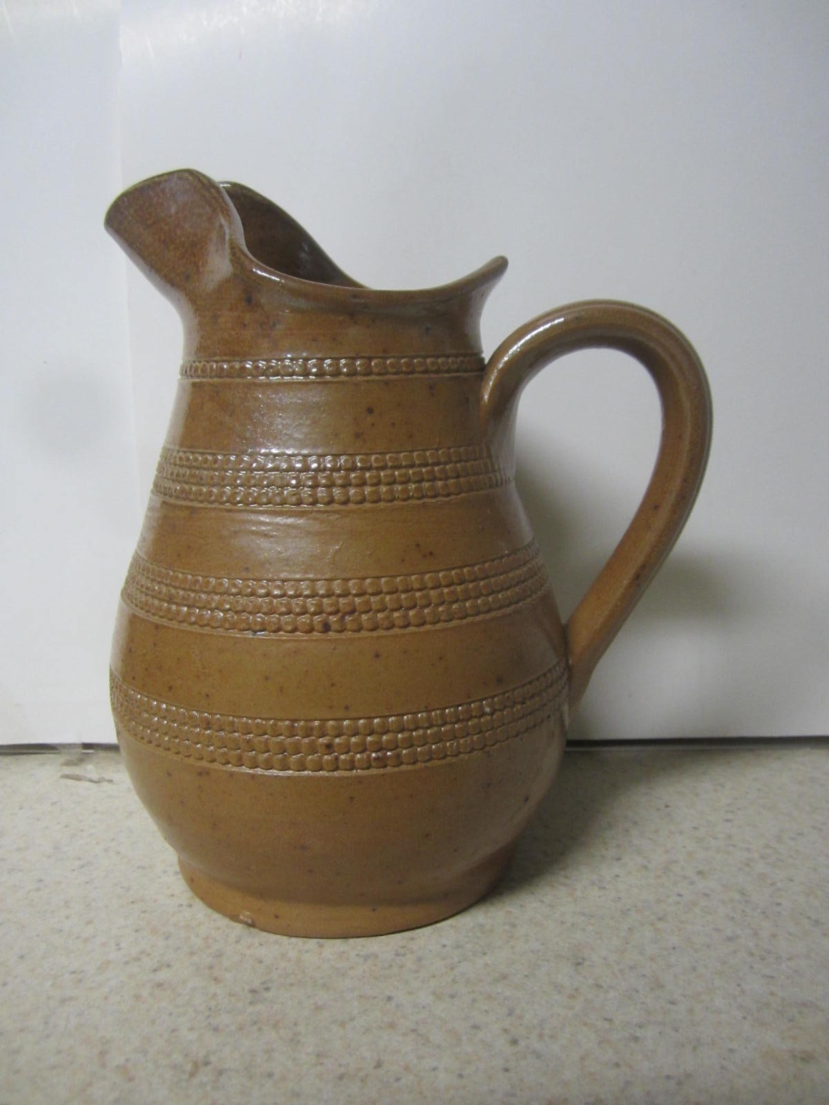 VINTAGE FRENCH STYLE SALT GLAZED STONEWARE SANDSTONE  PITCHER JUG  BANDS 6 3/4