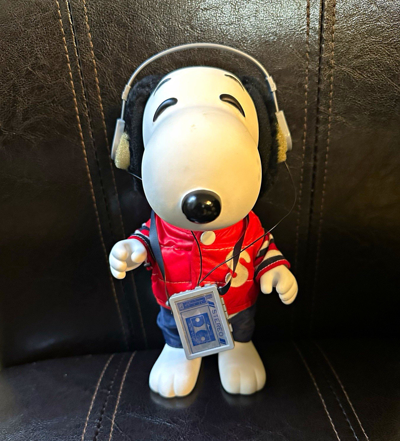 Vintage 1980s Snoopy Peanuts Figure w/ Headphones Walkman Doll Letterman Jacket
