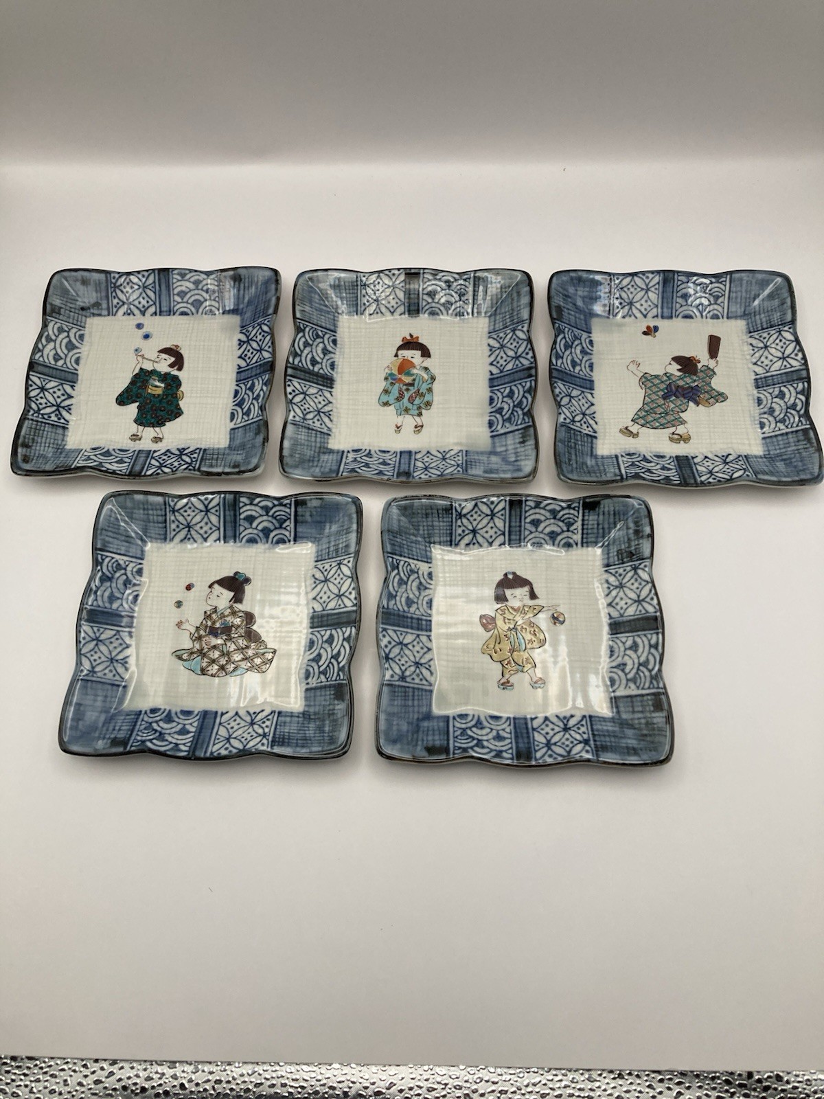 Kutani Yaki Ware Dessert Plates Set 5 Japanese Children at Play 5 Kutani Yaki Ware Dessert Plates Set 5 Japanese Children at Play 5