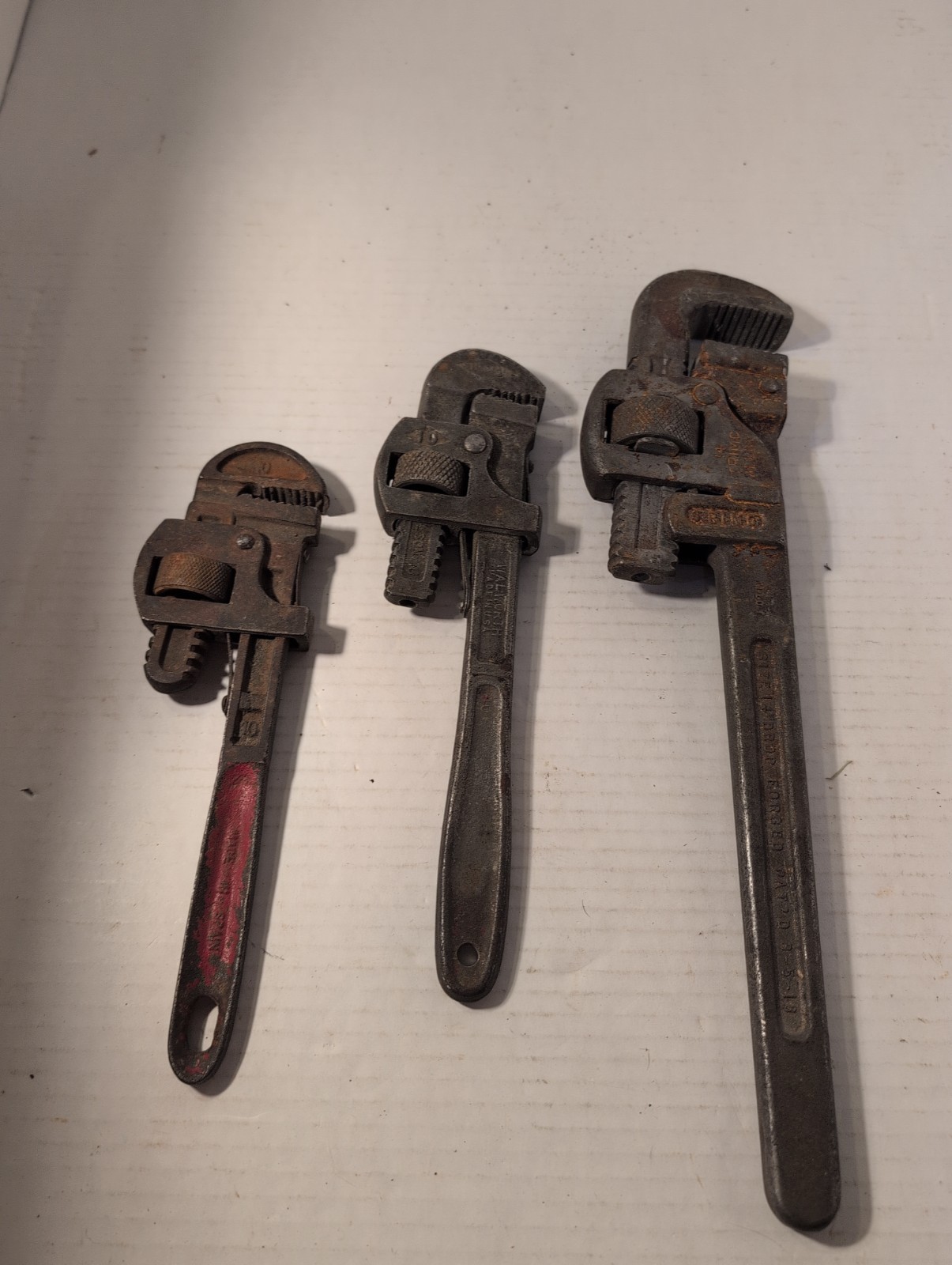 Vintage Pipe Wrench Lot Trimo PAT\'D 8-5-19 + Walworth USA 10\ Vintage Pipe Wrench Lot Trimo PAT\'D 8-5-19 + Walworth USA 10\