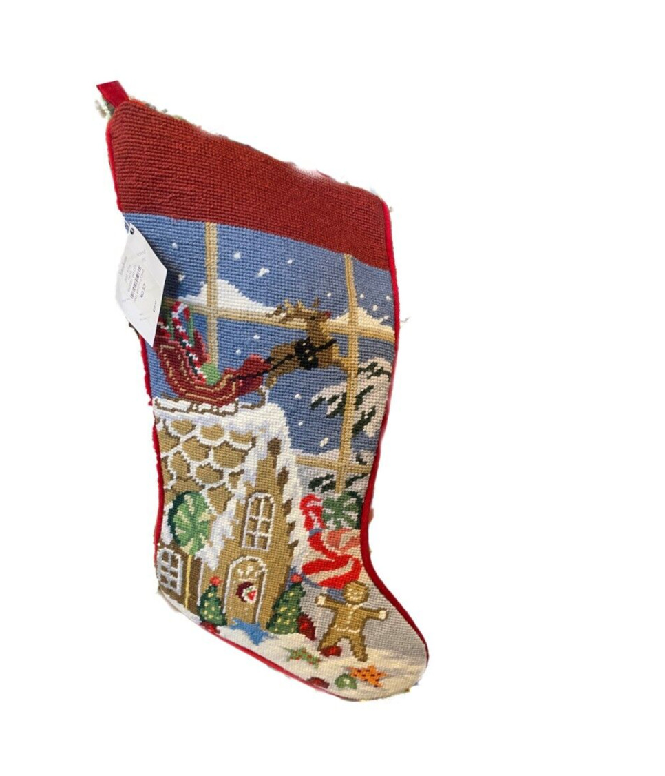 New Sferra reindeer Sleigh gingerbread & gingerbread house Needlepoint Stocking