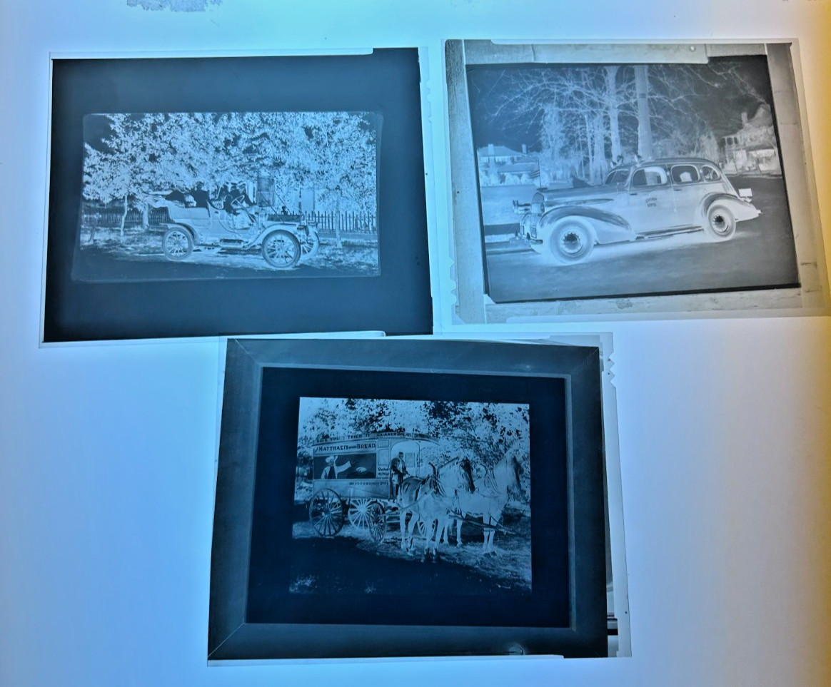 3 Vtg. Photo Negatives-Stockton fire Chief\'s Car 1930s, Quaker Bread Wagon 1900s