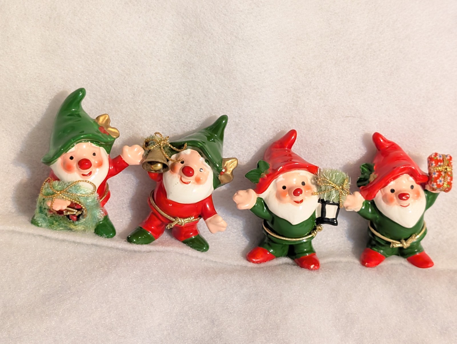 4 Vtg HTF Napco Christmas Elves/Gnomes Ceramic Wreath Bell Gift Tree 9905 Japan 4 Vtg HTF Napco Christmas Elves/Gnomes Ceramic Wreath Bell Gift Tree 9905 Japan