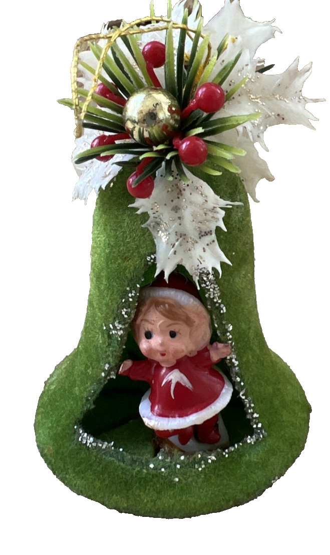 Vintage Flocked 3-D Diorama Bell Christmas Ornament Girl Elf Glitter 1960s Vintage Flocked 3-D Diorama Bell Christmas Ornament Girl Elf Glitter 1960s