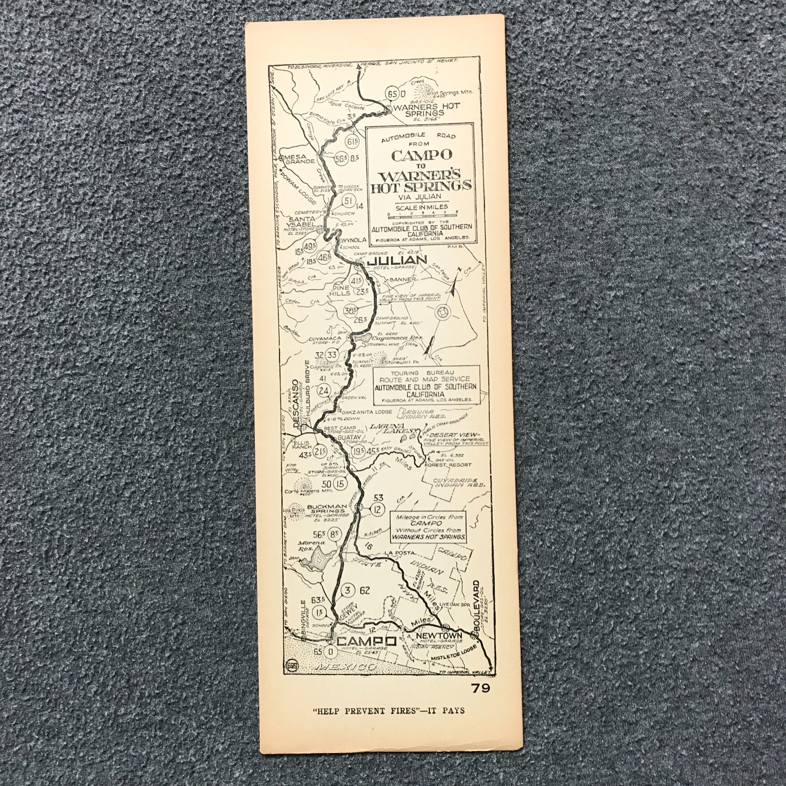 1920s AAA Auto Club Strip Map Campo to Warner\'s Hot Springs California 79 Julian