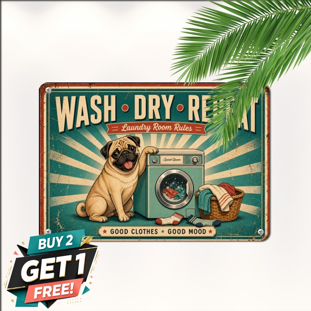 Pug Dog Laundry Room Helper Humor Plaque Cute Animal Wash Tin Metal Sign Art