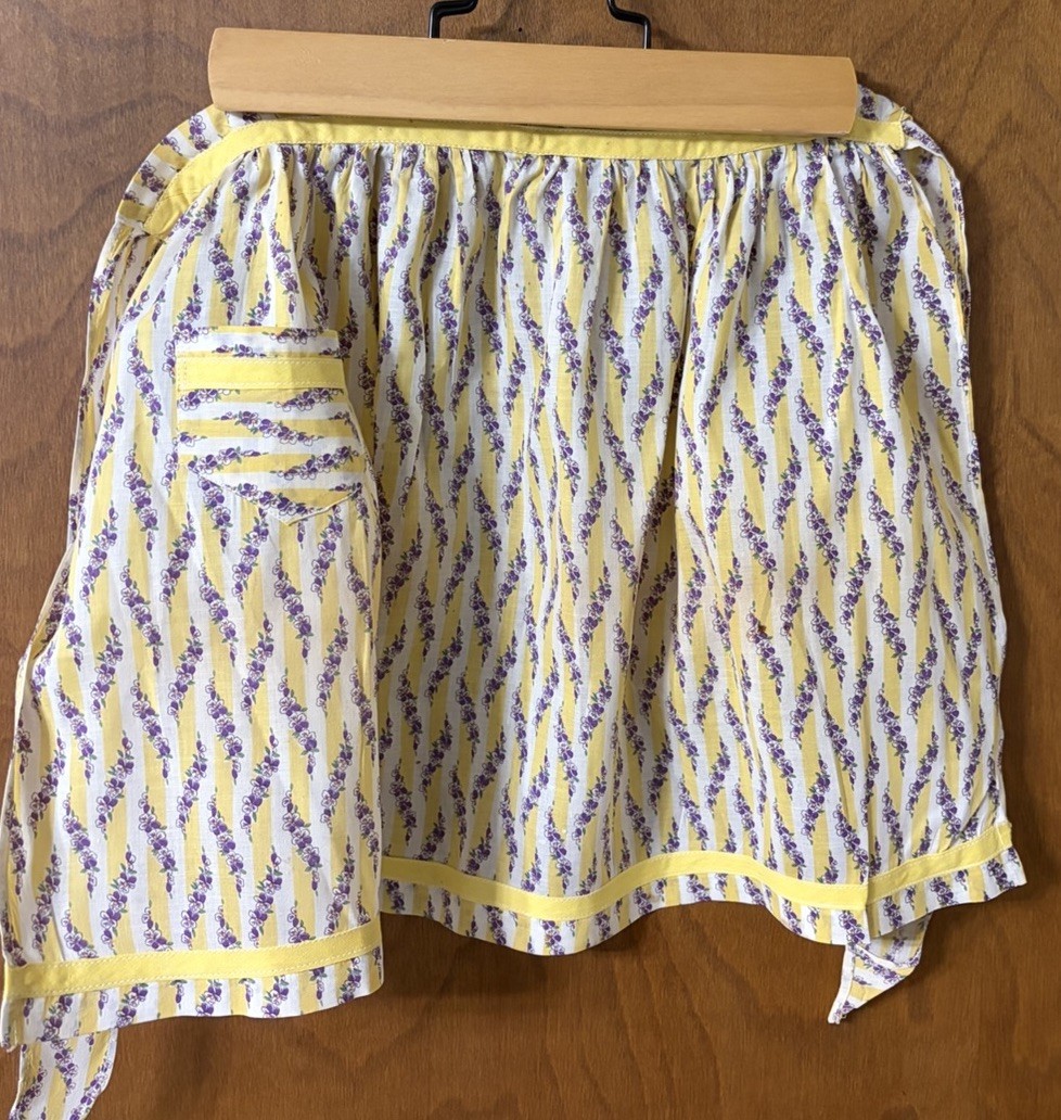 Vintage Child’s Apron Cotton with Pocket Yellow Purple