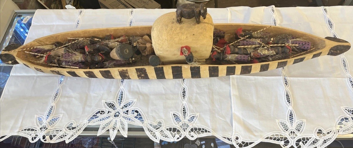 Huge Vtg Wood Carved Boat Canoe Art Village People & Elephant African Made Tribe Huge Vtg Wood Carved Boat Canoe Art Village People & Elephant African Made Tribe