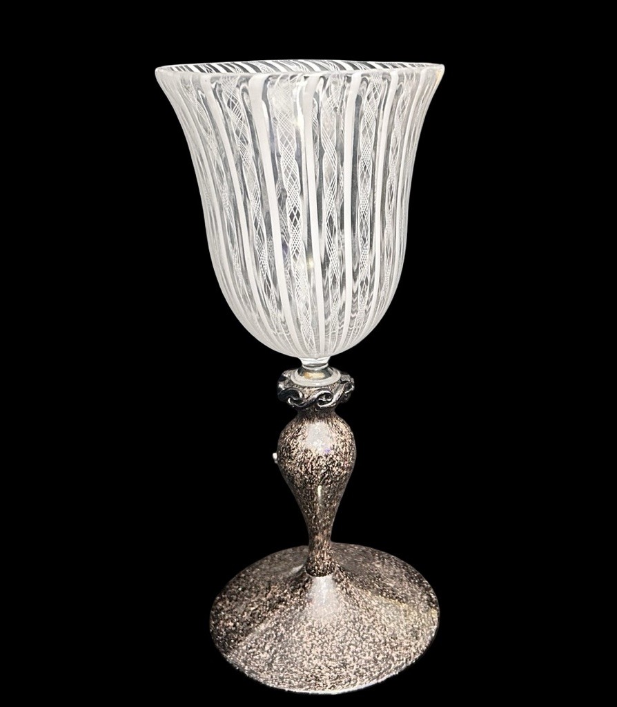 VTG Large 11.5” Murano Venetian Hand Blown Filigrana Aventurine Art Glass Goblet