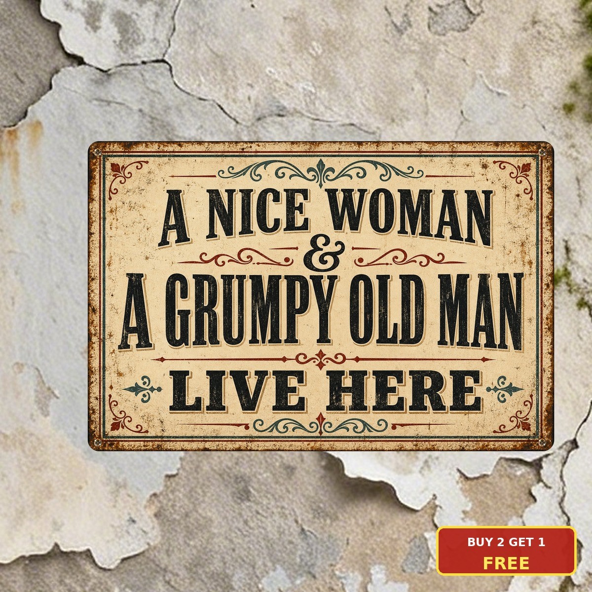 Nice Woman Grumpy Old Man Live Here Tin Sign Funny Couple Decor