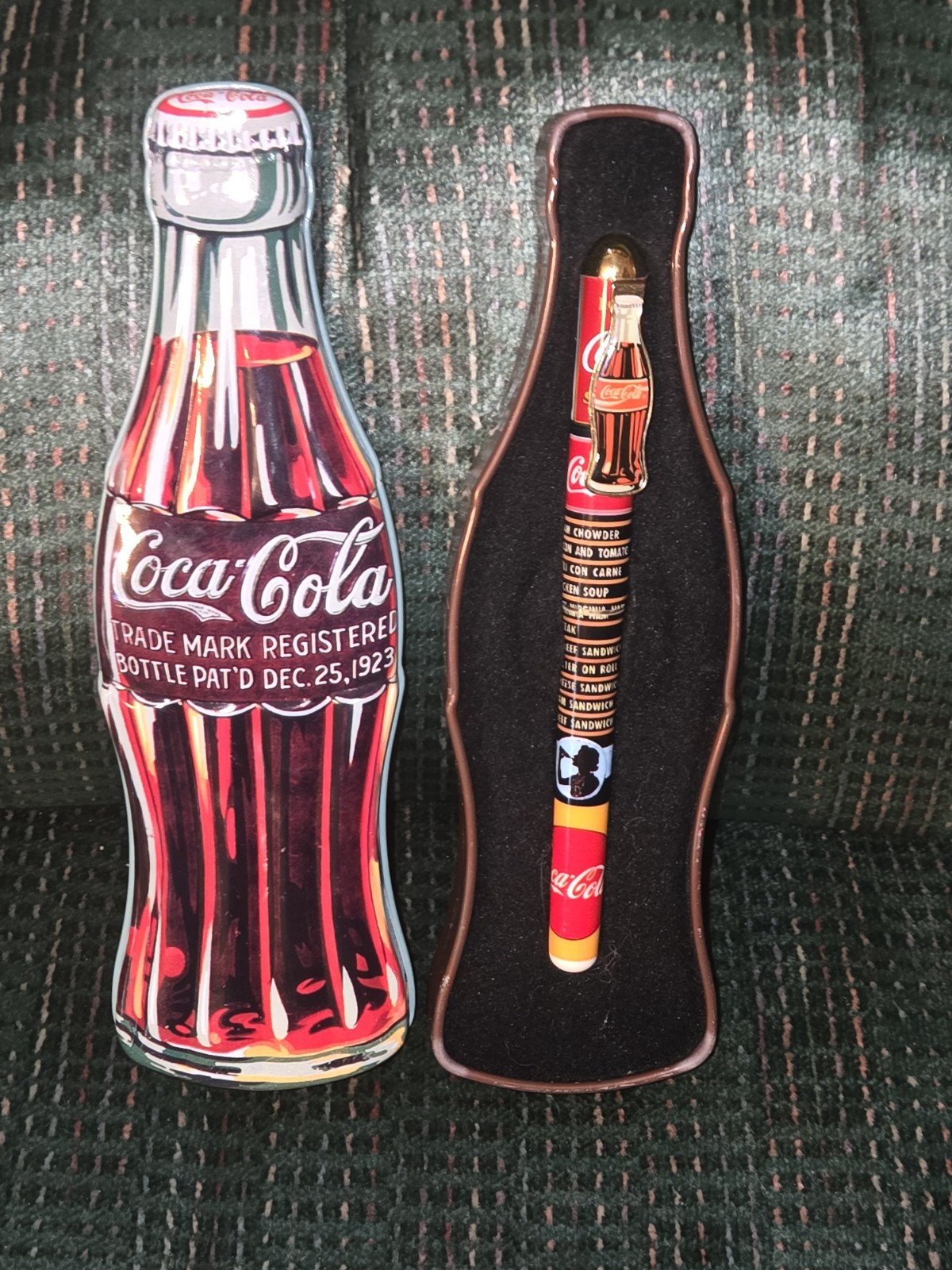Coca Cola Pen & Bottle Shaped Tin Set 1996 Christmas Coke Dec 25, 1923 Replica