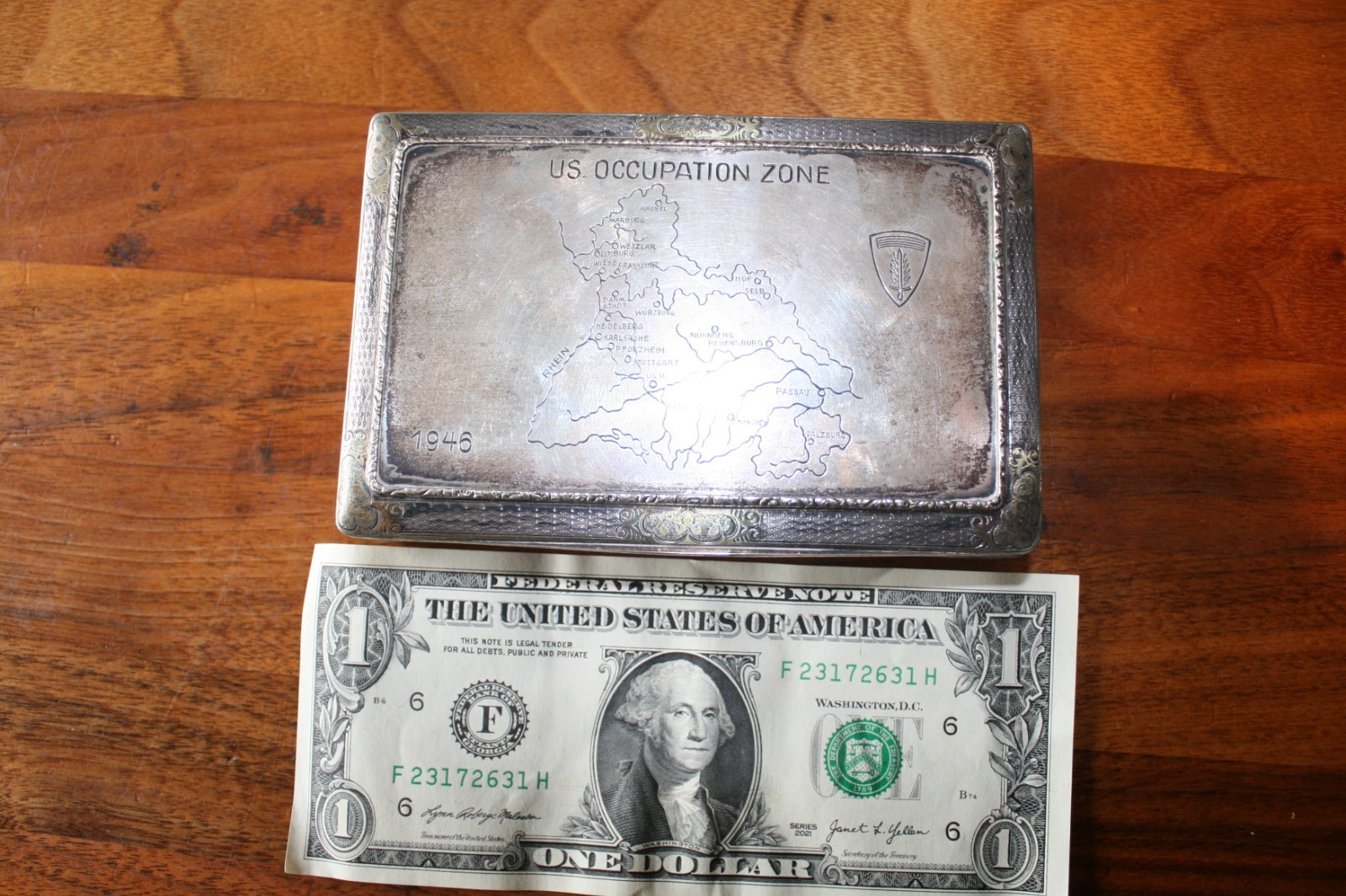 WW2 Germany US Occupied Zone 1946 Desktop Cigarette Case Silver Plate Gold Wash WW2 Germany US Occupied Zone 1946 Desktop Cigarette Case Silver Plate Gold Wash