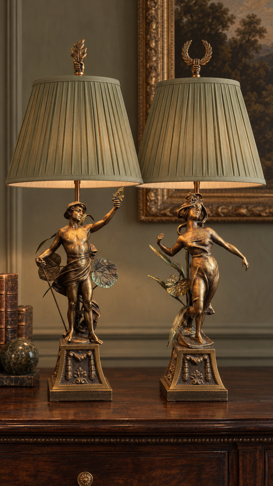 Vintage Pair Art Nouveau Figural Lamps Male Female Brass Olive Shades 32in
