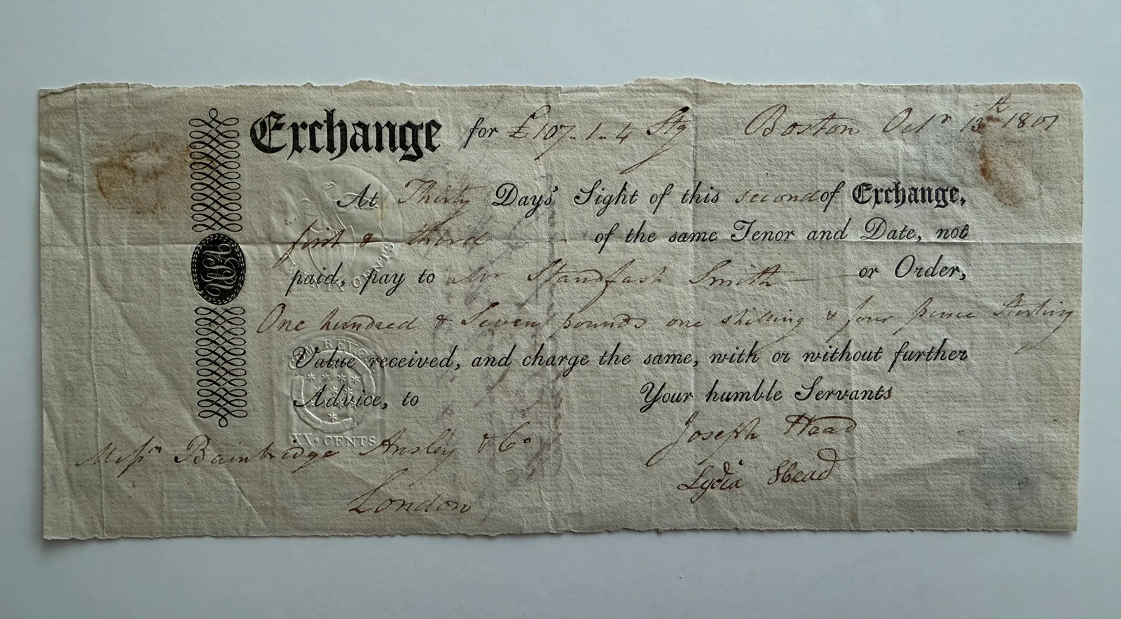 1807 Boston Bill of Exchange Drawn on Baring Brothers, London – Early U.S.