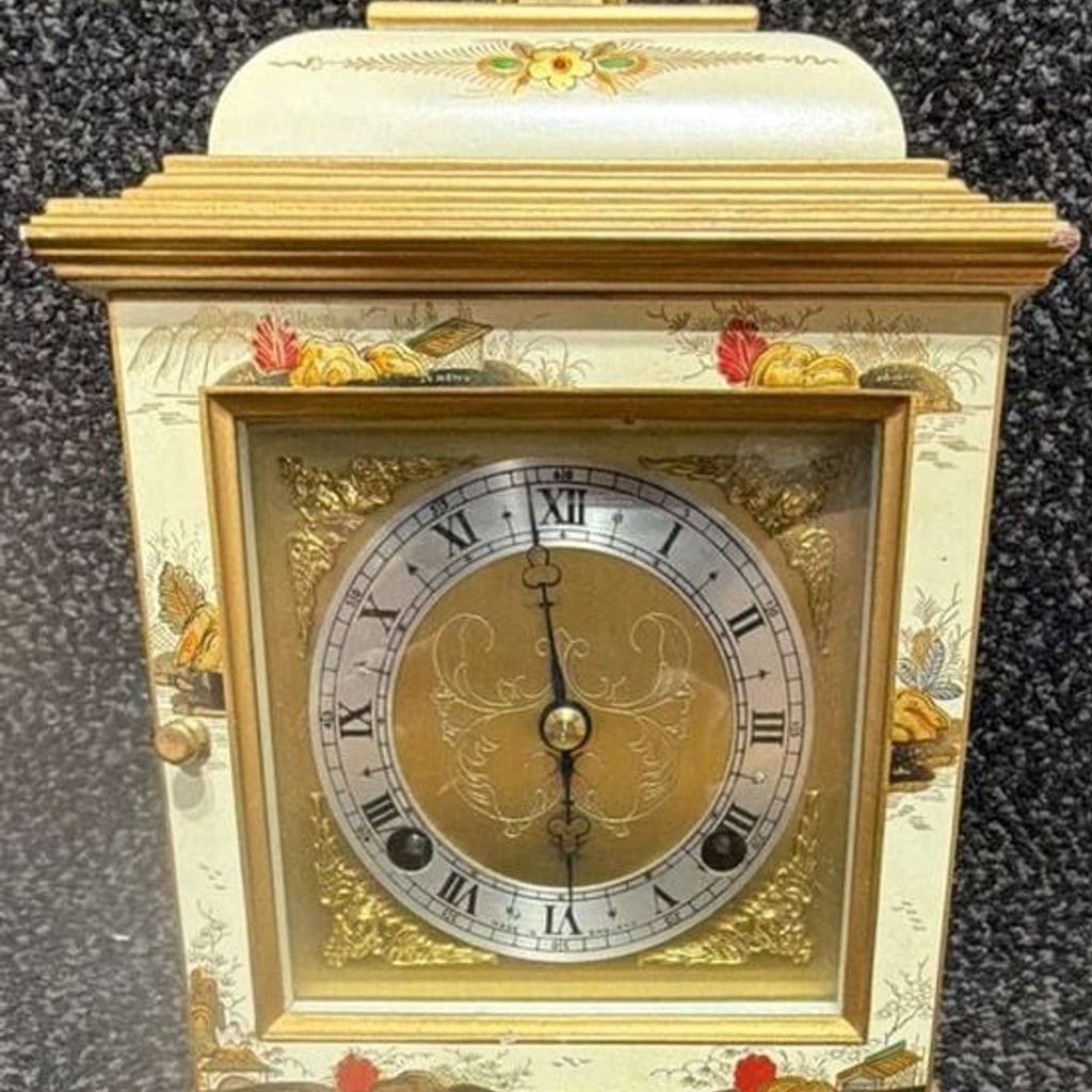 Vintage F.W. Elliott Ltd. London Chinoiserie Cream Lacquer Mantel Bracket Clock