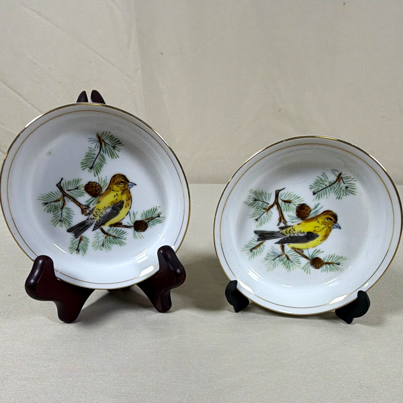 Vintage Japan Evening Grosbeak B6 Bird Porcelain Butter Pats Gold Trim Set of 2 Vintage Japan Evening Grosbeak B6 Bird Porcelain Butter Pats Gold Trim Set of 2
