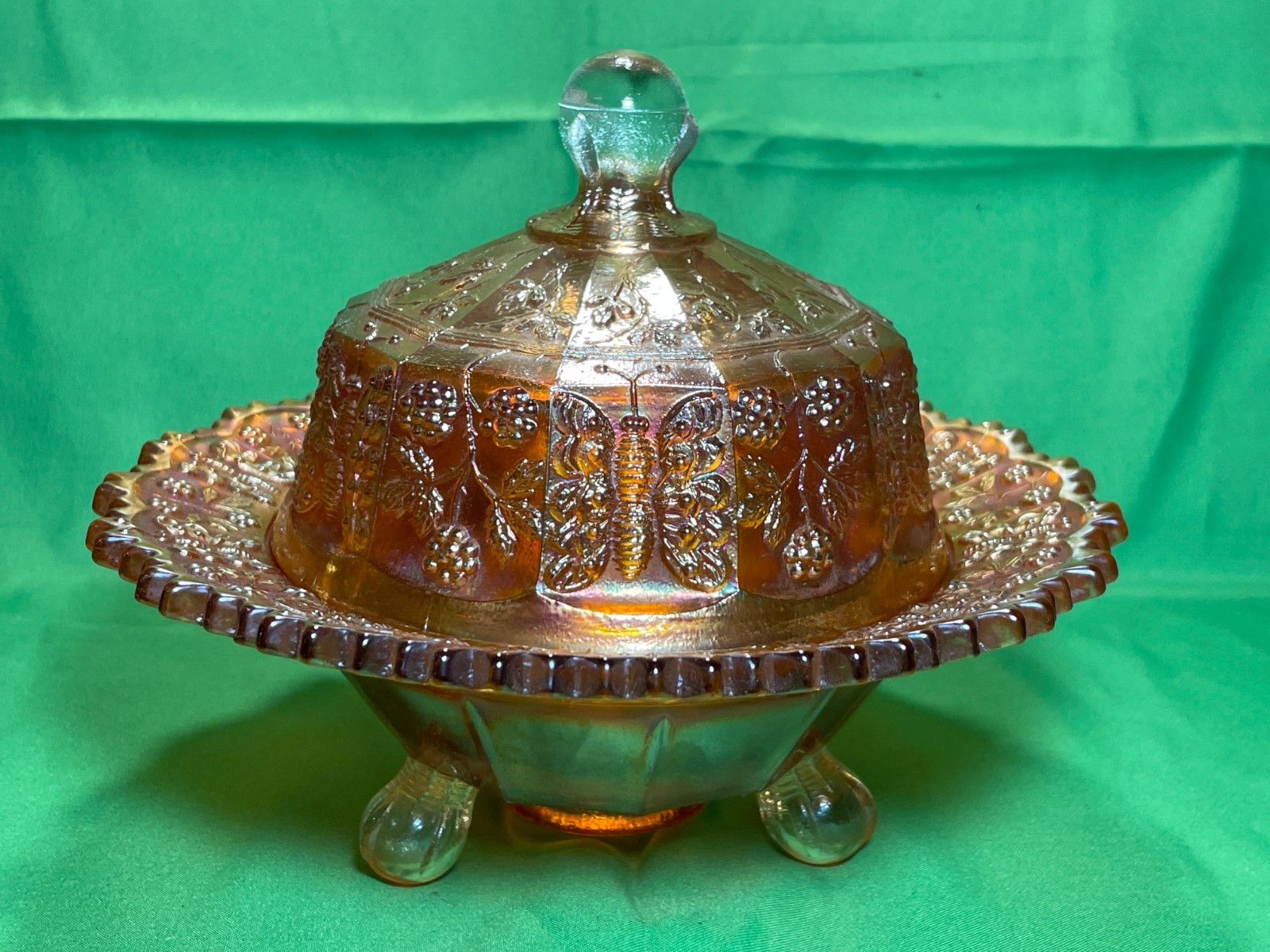 Fenton Marigold Carnival Glass Butterfly & Berry 3 Footed Covered Butter Dish