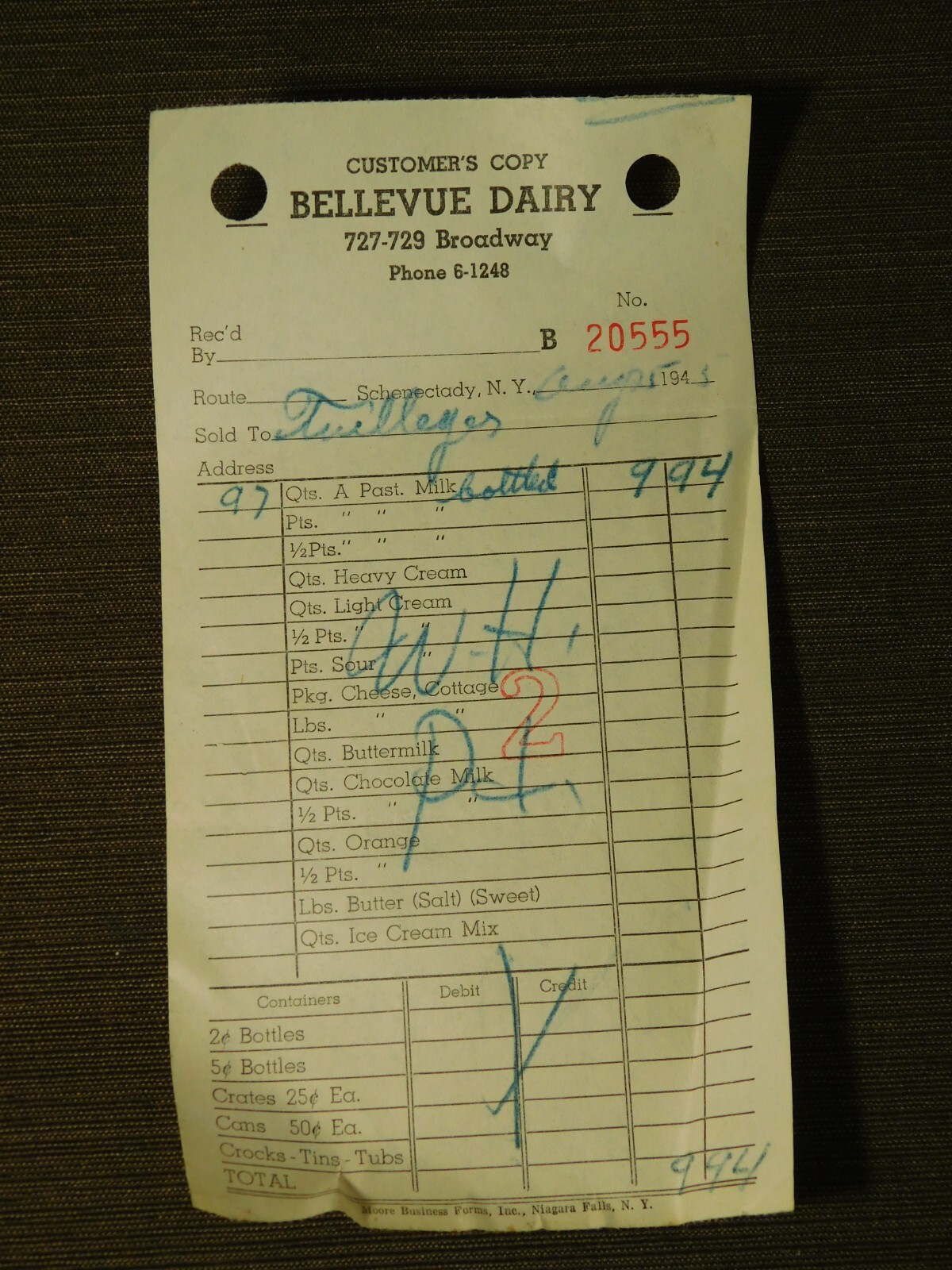 VINTAGE  1945 BELLEVUE DAIRY SCHENECTADY CUSTOMER RECEIPT FOR MILK +