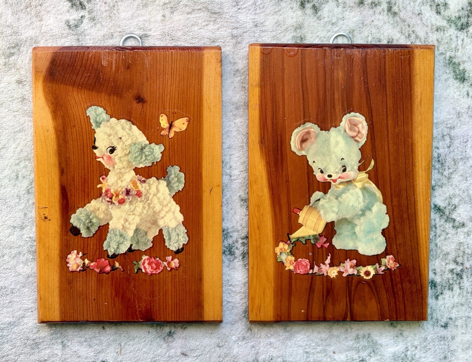 Vintage 1950s Meyercord Decal Wood Nursery Plaques Pair Lamb Bear Kitsch MCM 6x4