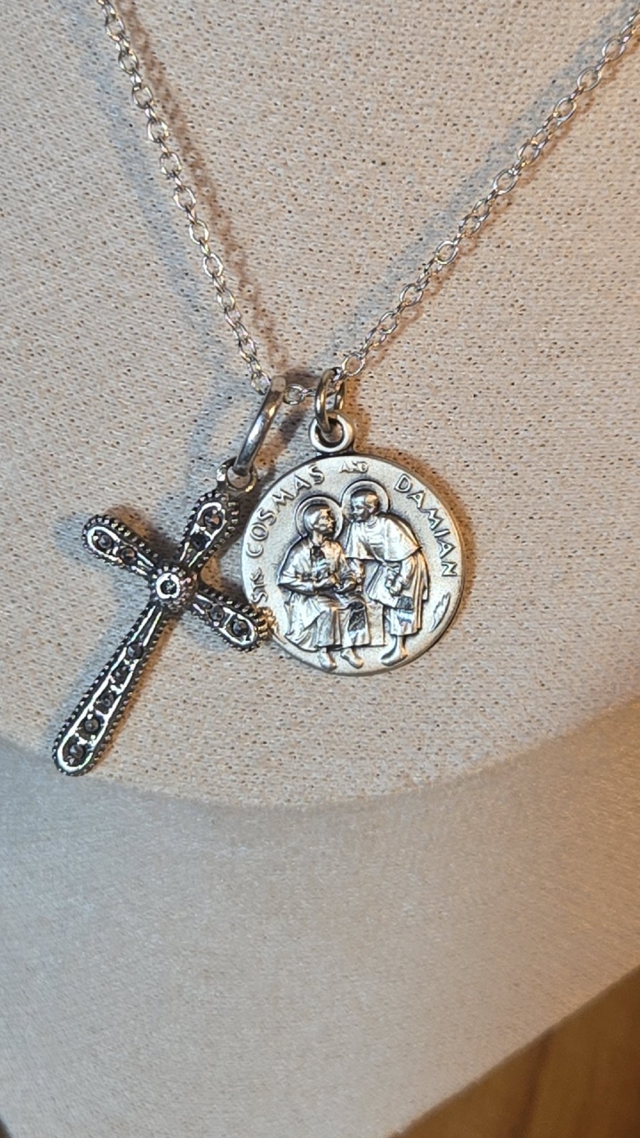 Vintage JCC Sterling Silver Medal W/Marcasite Signed Cross Christian Religious