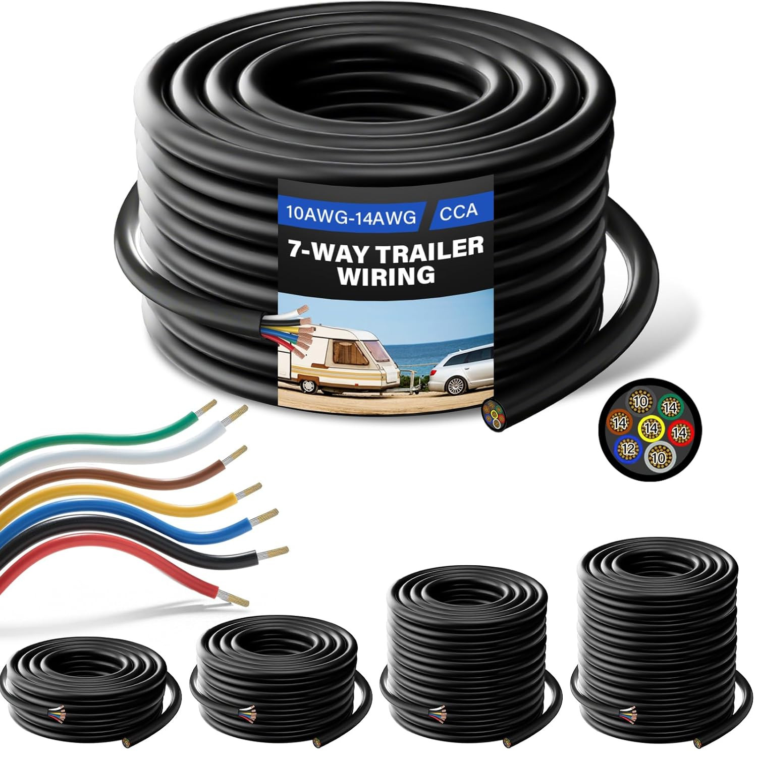 50 FT 10-14 AWG 7 Way Trailer Wiring Harness Heavy Duty 7 Wire Trailer Cable CCA 50 FT 10-14 AWG 7 Way Trailer Wiring Harness Heavy Duty 7 Wire Trailer Cable CCA