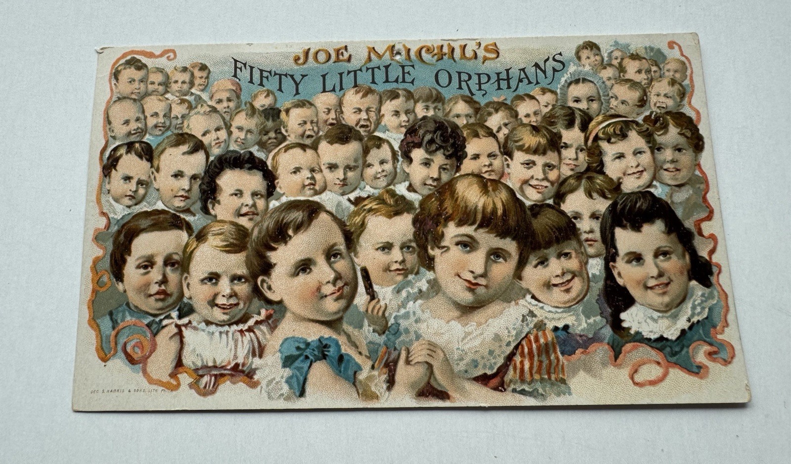 Antique Cigar Trade Card Jos. Michl’s 50 Little Orphans Decatur IL Lg 7x4” VTC
