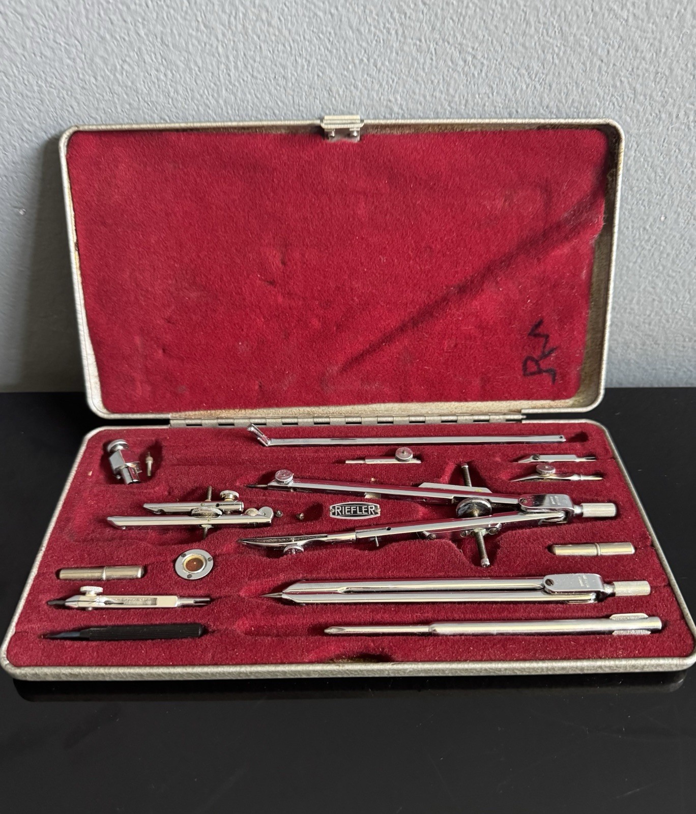 VTG 1950s RIEFLER 14+ Piece Draftsman Kit Metal Snap Case Made In Germany Clean