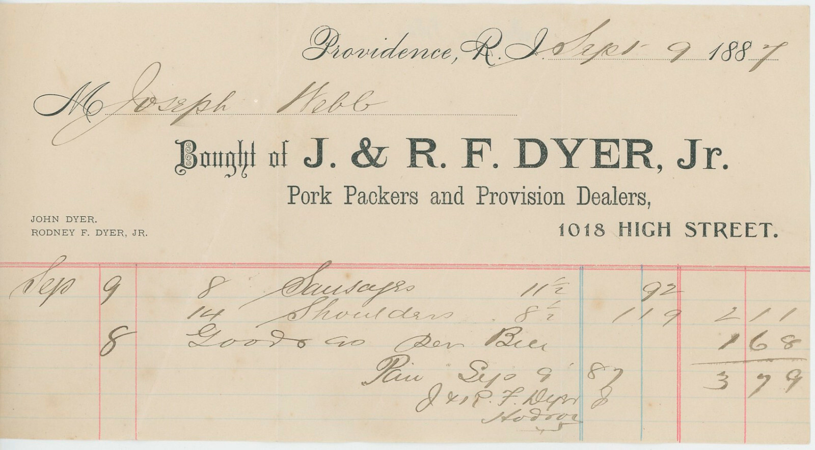 1887 J. & R. F. Dyer Billhead Providence Rhode Island Pork Packers Provisions 1887 J. & R. F. Dyer Billhead Providence Rhode Island Pork Packers Provisions