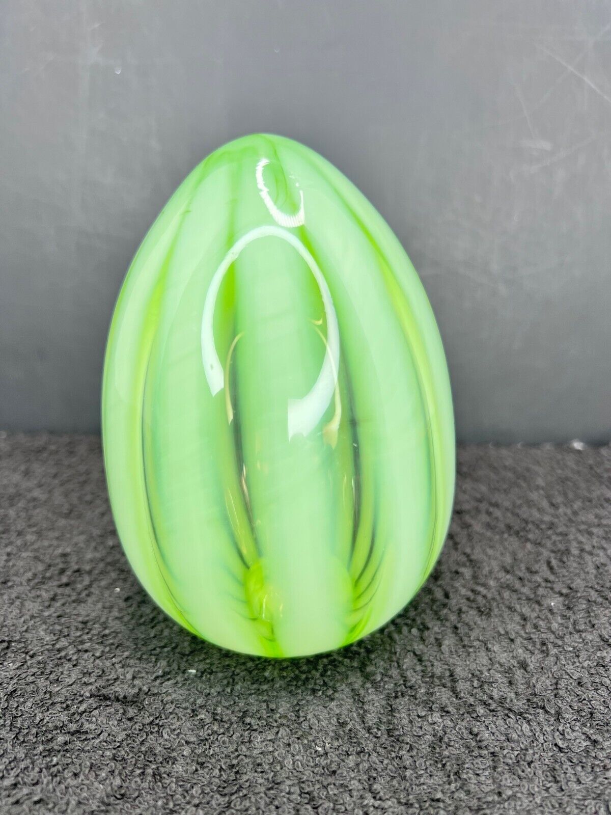 Studio Art Vaseline Glass Egg with Opalescent Ribbon By R. Hinkle - 5\