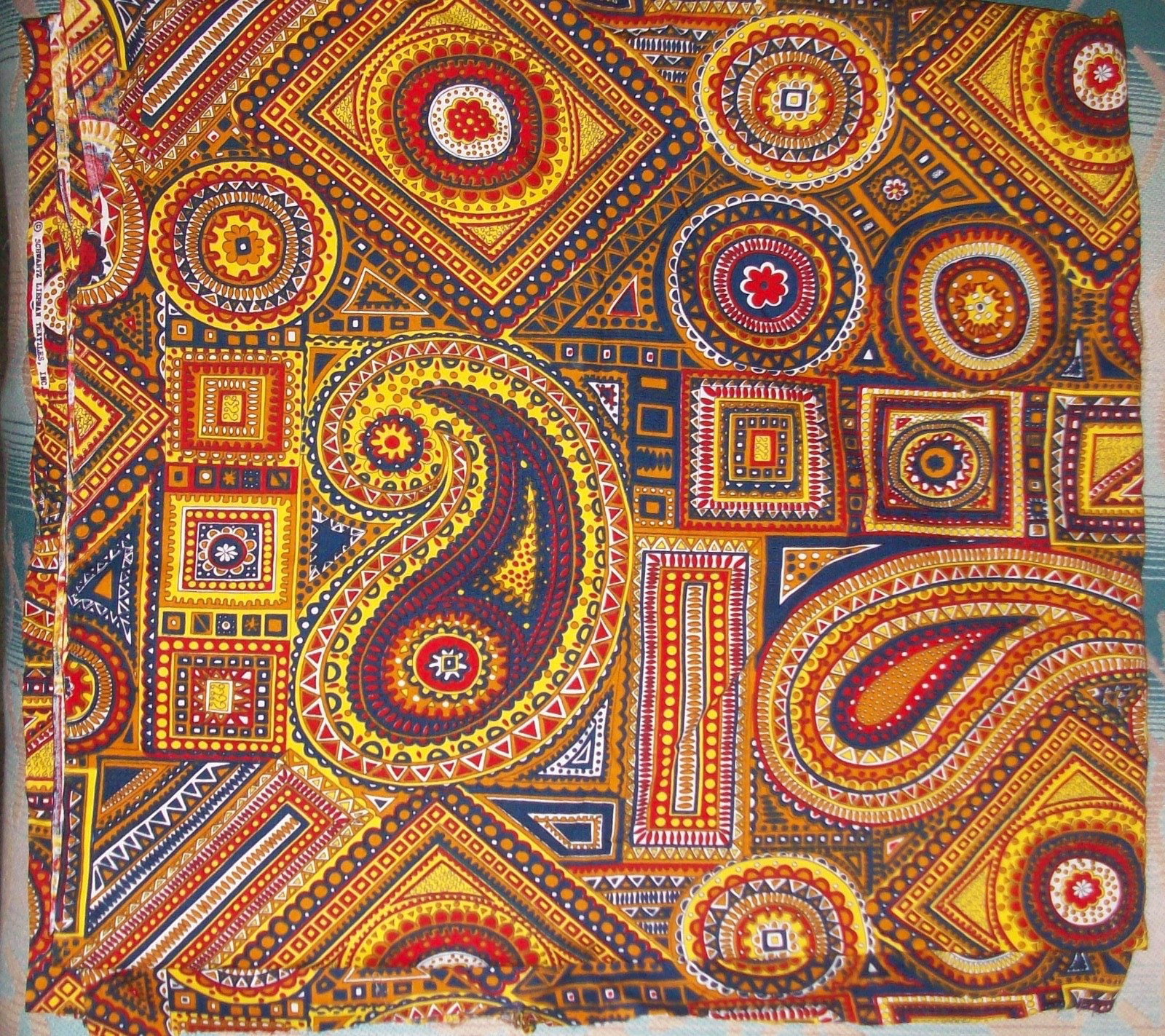 Bold Vintage 70s Schwartz Liebman Cotton Fabric ~  Boho Hippie Paisley Geometric