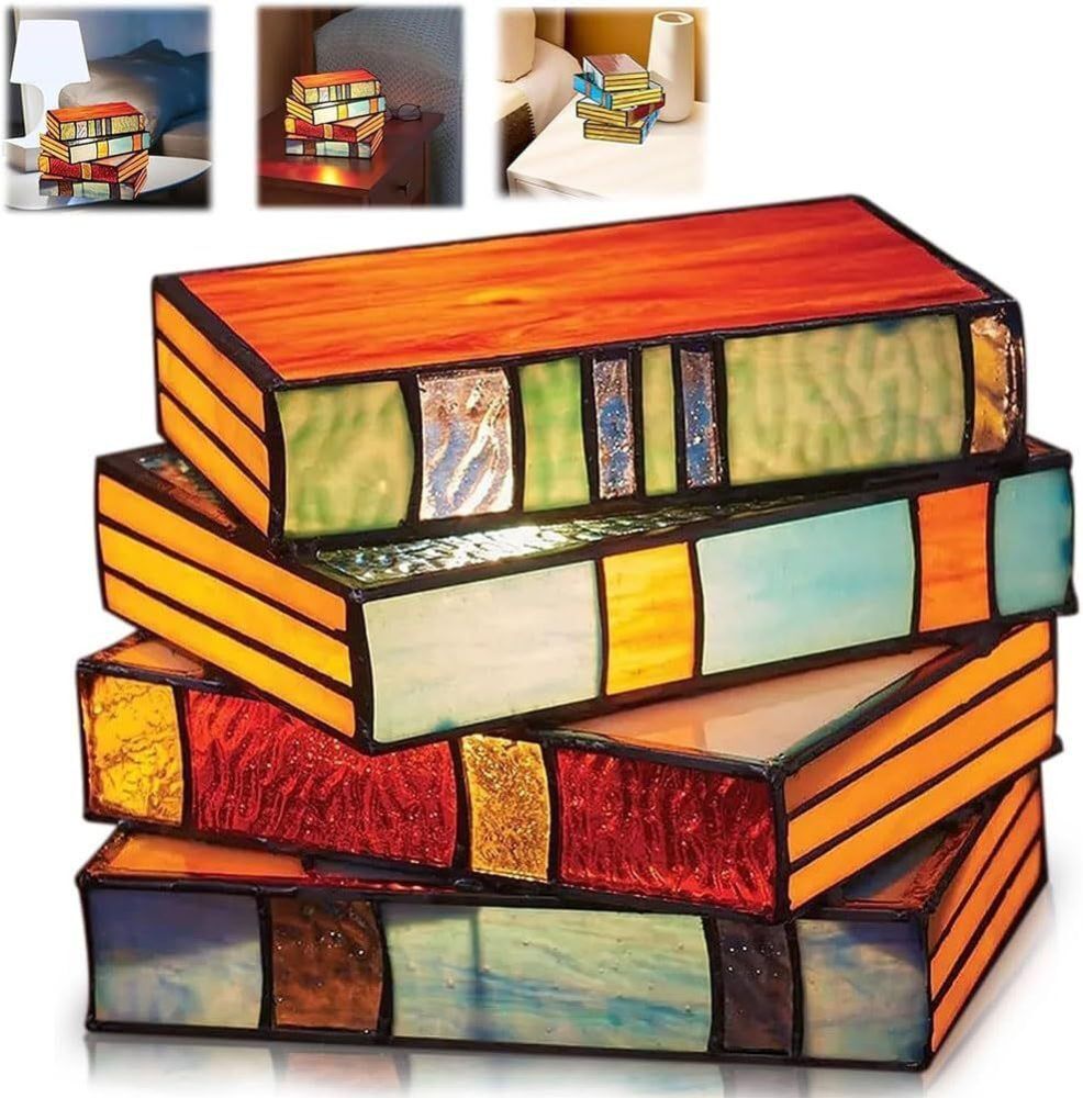 Stained Glass Stacked Books Lamp, Stained Glass Table Lamp Vergissim Book Light