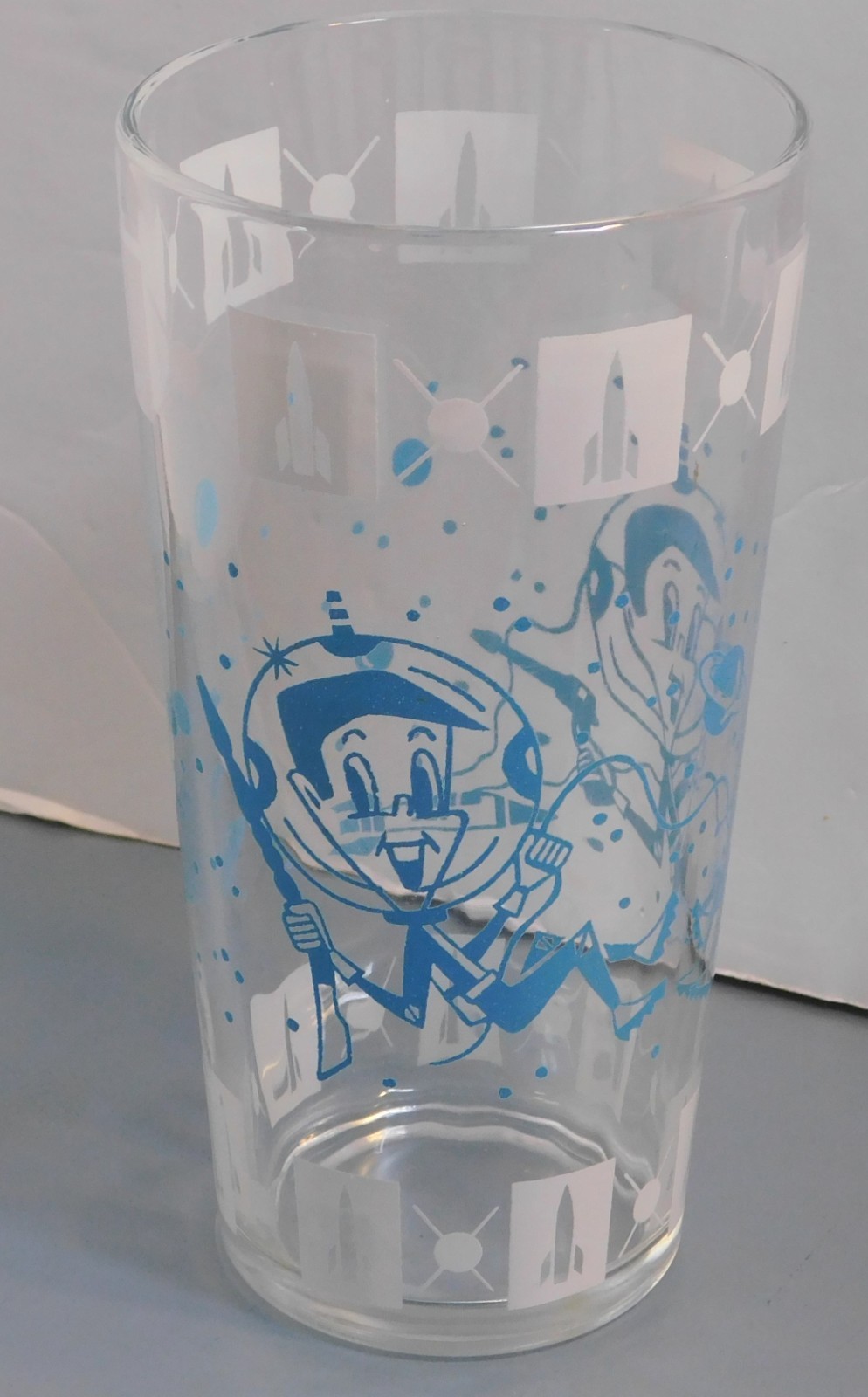 1950's Hazel Atlas Glass Co. Fantacy Character Spaceman Tumbler Glass - Blue 1950's Hazel Atlas Glass Co. Fantacy Character Spaceman Tumbler Glass - Blue
