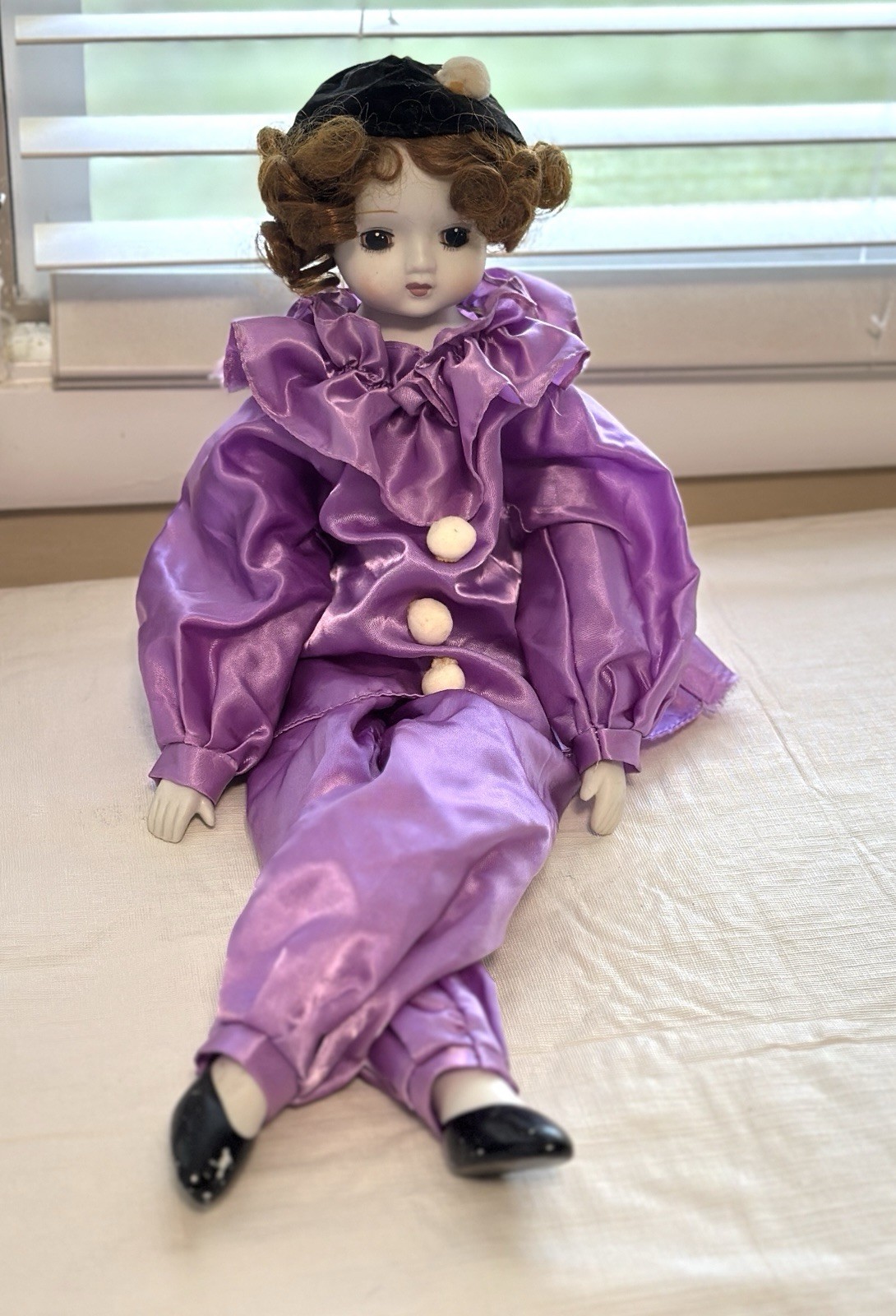 Vintage Pierrot Clown Hand Painted Porcelain Bisque Head Hands Feet Soft Body