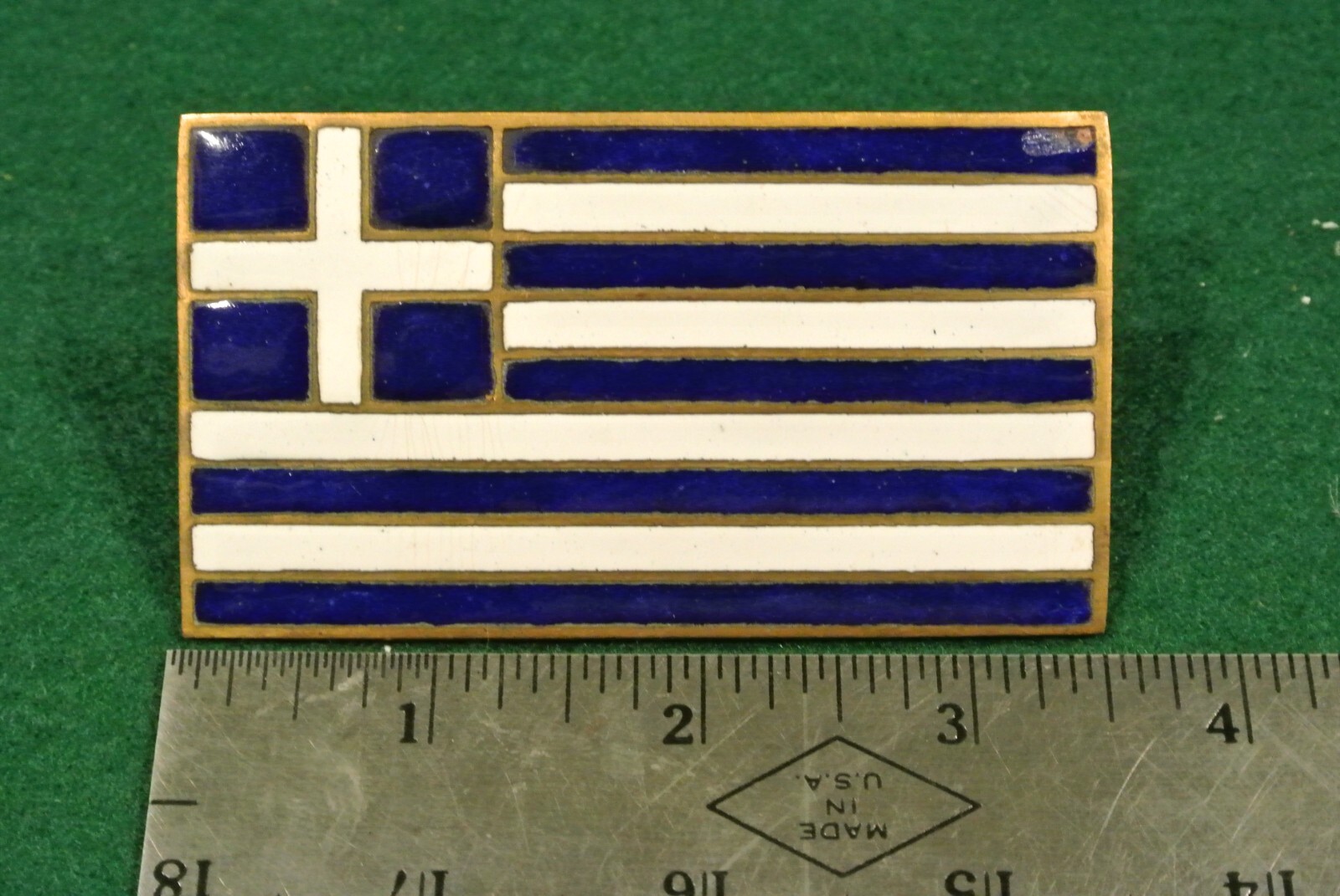 VINTAGE ENAMEL Brass AUTOMOBILE CAR RADIATOR BADGE GREEK FLAG GREECE