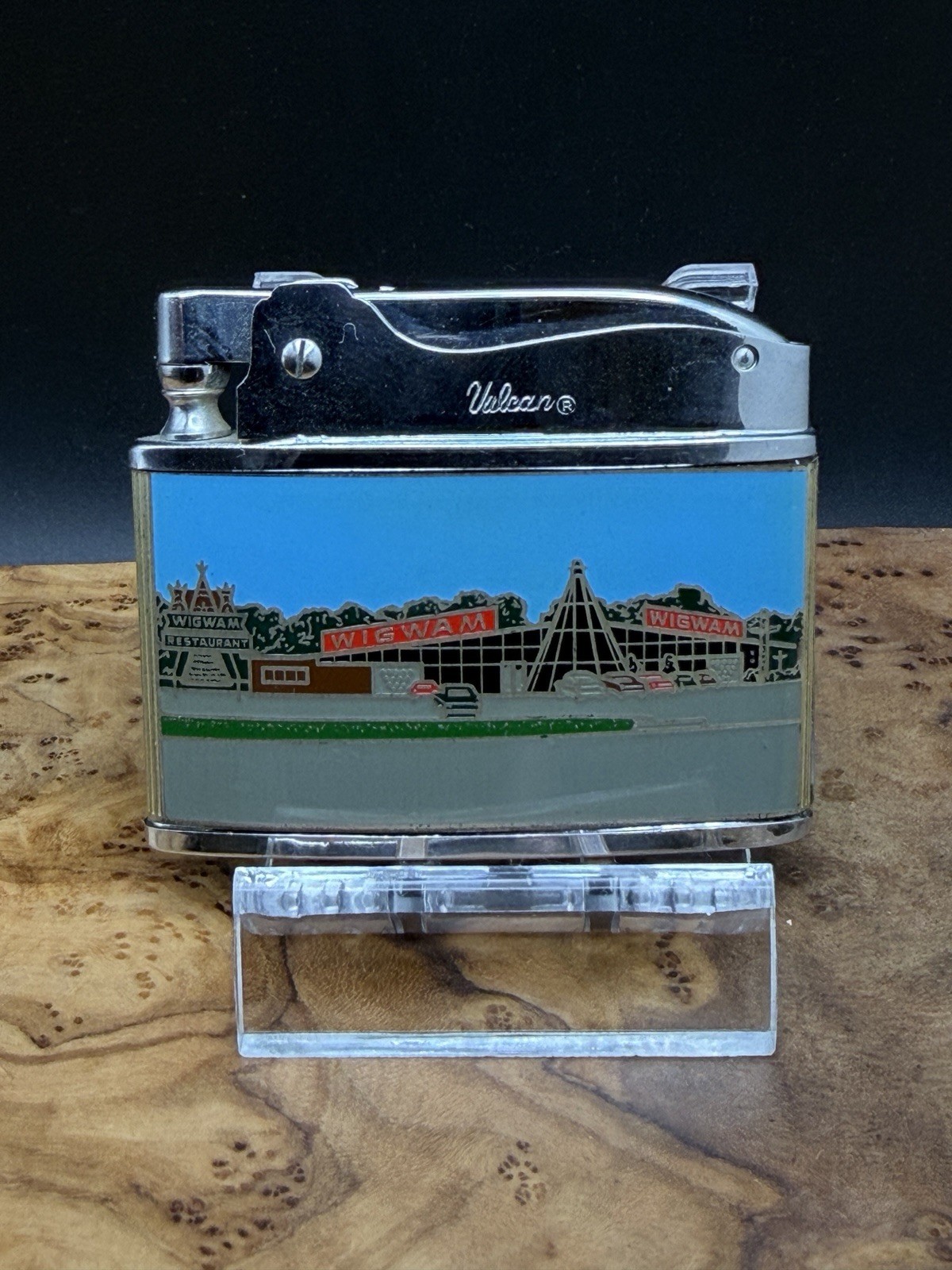 Vintage Vulcan Flat Advertising Lighter - Wigwam Restaurant Artwork 🔥