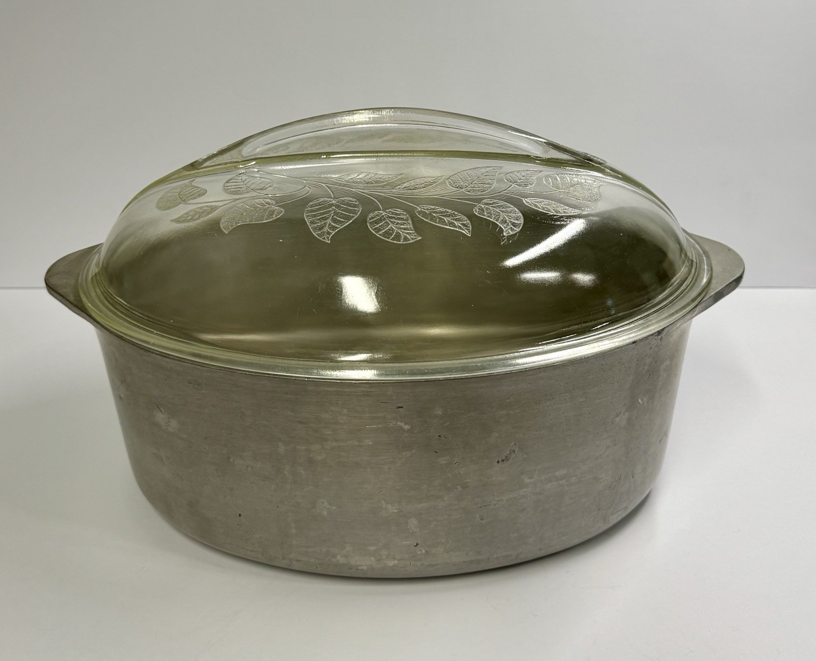 Vtg Household Institute Aluminum Oval Roaster Pan With Ivy Leaf Glass Lid 14.5”L