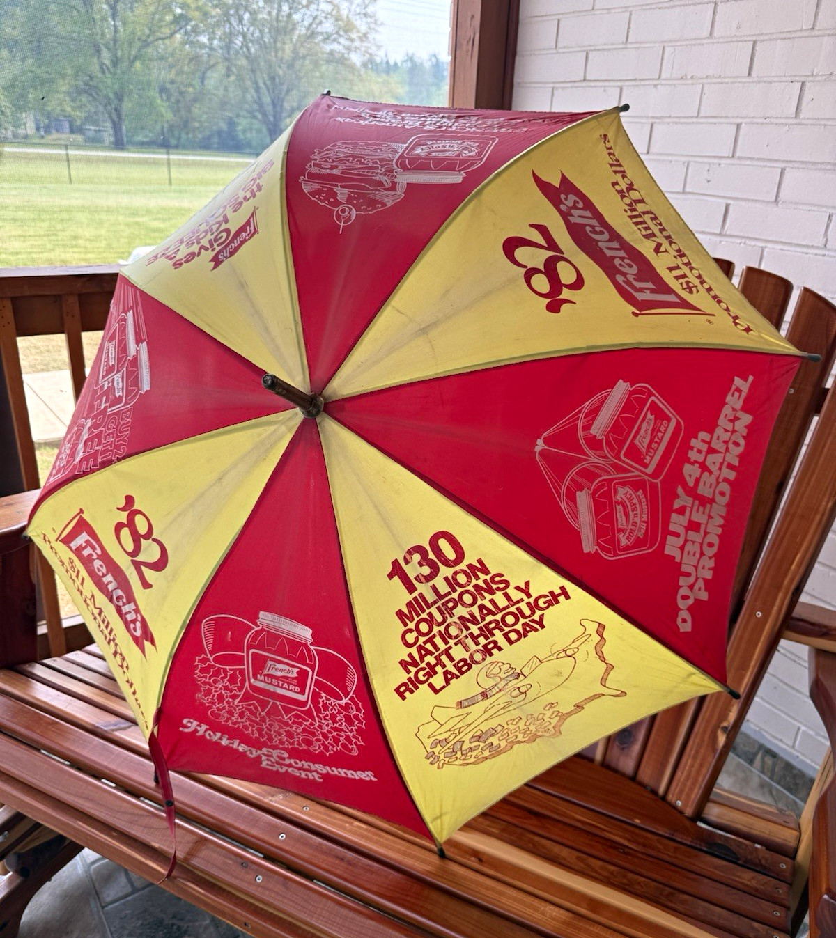 Vintage French’s Mustard Red & Yellow Advertising Umbrella Curved Wood Handle