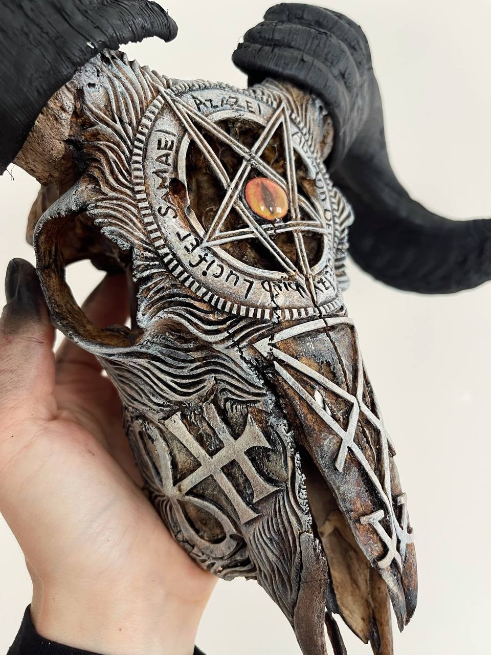 Real ram skull with horns and hand carving Satan pentagram